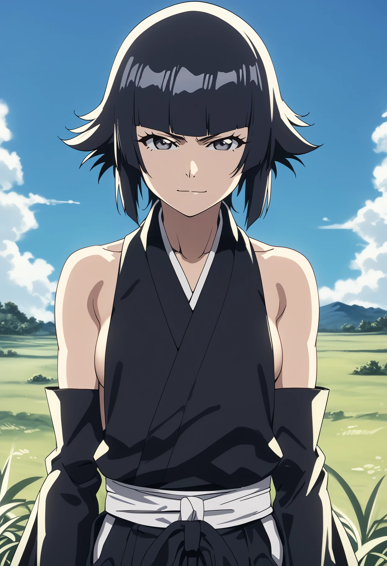 score_9, score_8_up, score_7_up, BREAK,
1girl, soifontybw, short hair, black hair, grey eyes, blunt bangs,
sideboob, black japanese clothes, black hakama, detached sleeves,
serious, upper body, smile, solo, looking at viewer, blue sky, grass, meadow background <lora:SoifonPDXL_byKonan:1>