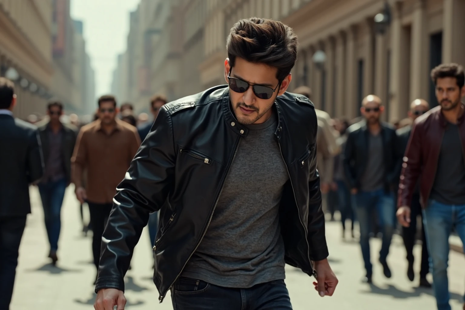 Medium shot of a dark-haired, ssmaheshbabuukohwx.  He's wearing a dark gray or black leather jacket over a patterned gray top.  The jacket is open, revealing the top beneath. Below, he wears dark-wash, slim-fit jeans. He is wearing dark sunglasses, and his expression is confident and expressive. His body language is energetic, as if in mid-step or gesture.  His hands are engaged in a dynamic pose. A wrist watch is visible. He has a thoughtful, slightly serious expression. The background is a crowd of indistinct figures mostly out of focus, but suggesting a public scene. The setting is an urban, outdoorsy pavement area. Natural lighting and shadows are visible, suggesting an outdoor scene bathed in sunlight or ambient light. The colors are mostly muted tones, with darker blacks, grays, and muted browns. The overall mood is confident, stylish and dynamic, with a hint of energetic passion.  The composition is focused on the subject's posture and expression, while using background elements to suggest urban setting.  The perspective is a slightly low angled medium shot view. The image is well-lit and has a cinematic feel; high fashion elements are present.