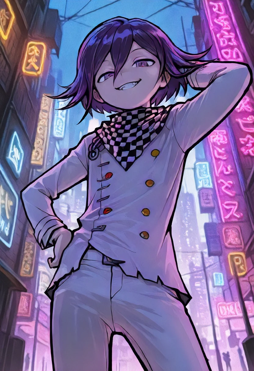 masterpiece, best quality, amazing quality, very aesthetic, absurdres, newest, scenery, WindWakerStyle, 1boy, from below, Ouma Kokichi, smug grin, looking at viewer, purple hair, purple eyes, short hair, flipped hair, hair between eyes, CHECKERED SCARF, SCARF, white trousers, hand on hip, hand behind head, city at night, neon lights