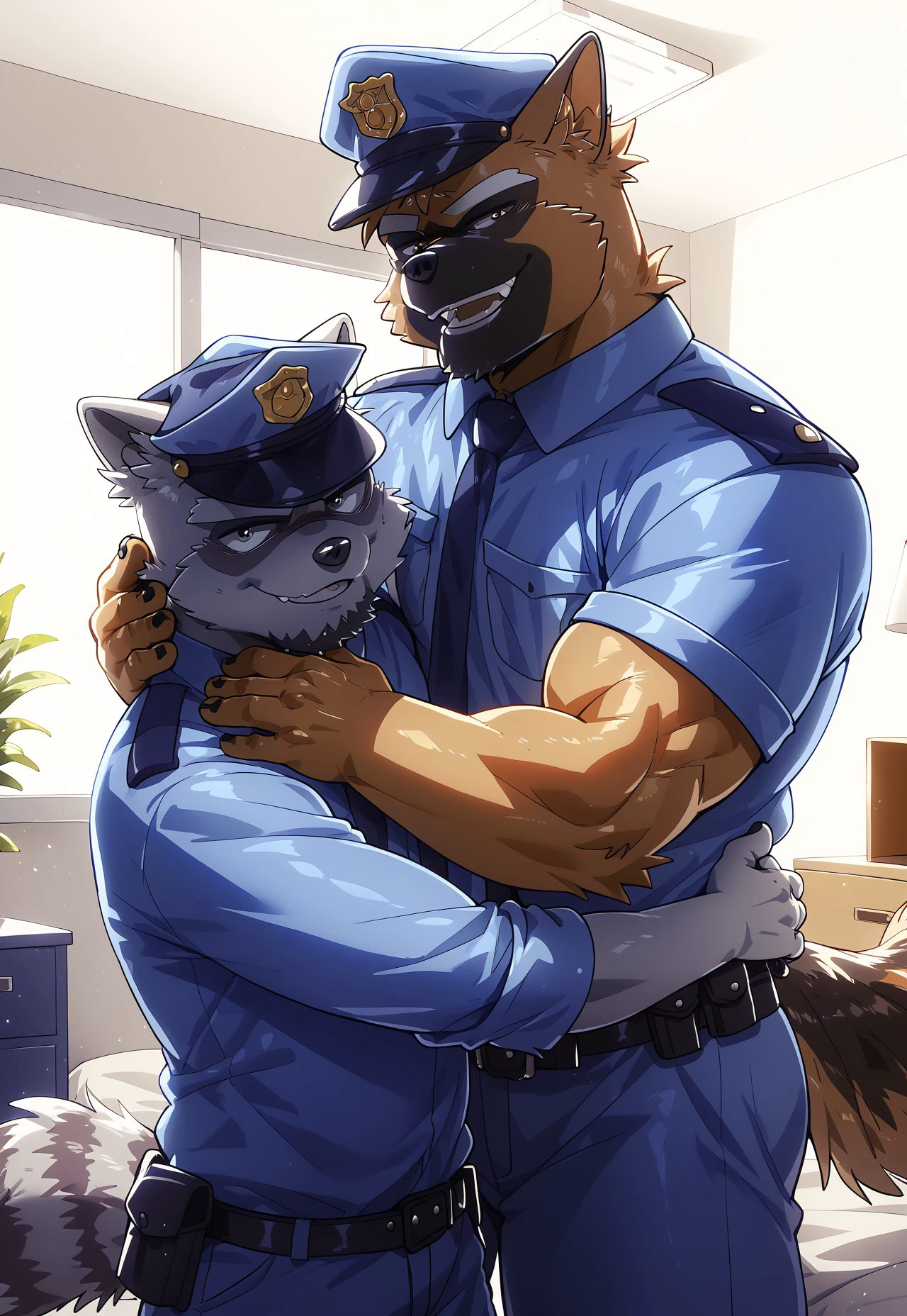 male, German Shepherd, nude，Rear view，Hips，hairy，Smirk，Police hat,blush,Collar，Crotch shape，Crotch bulge，Handsome，bedroom，Head in hands，Tail，Handcuffs，Lying on the bed，Bend your legs，chain，Sexy，Paws，barefoot，neutral, Show your buttocks，Show your butt， Dynamic Lighting, illustration, beautiful, particle (high quality,4K,8K,high resolution,masterpiece:1.2), Extremely detailed, Impressionism:rich and colorful，Available for display