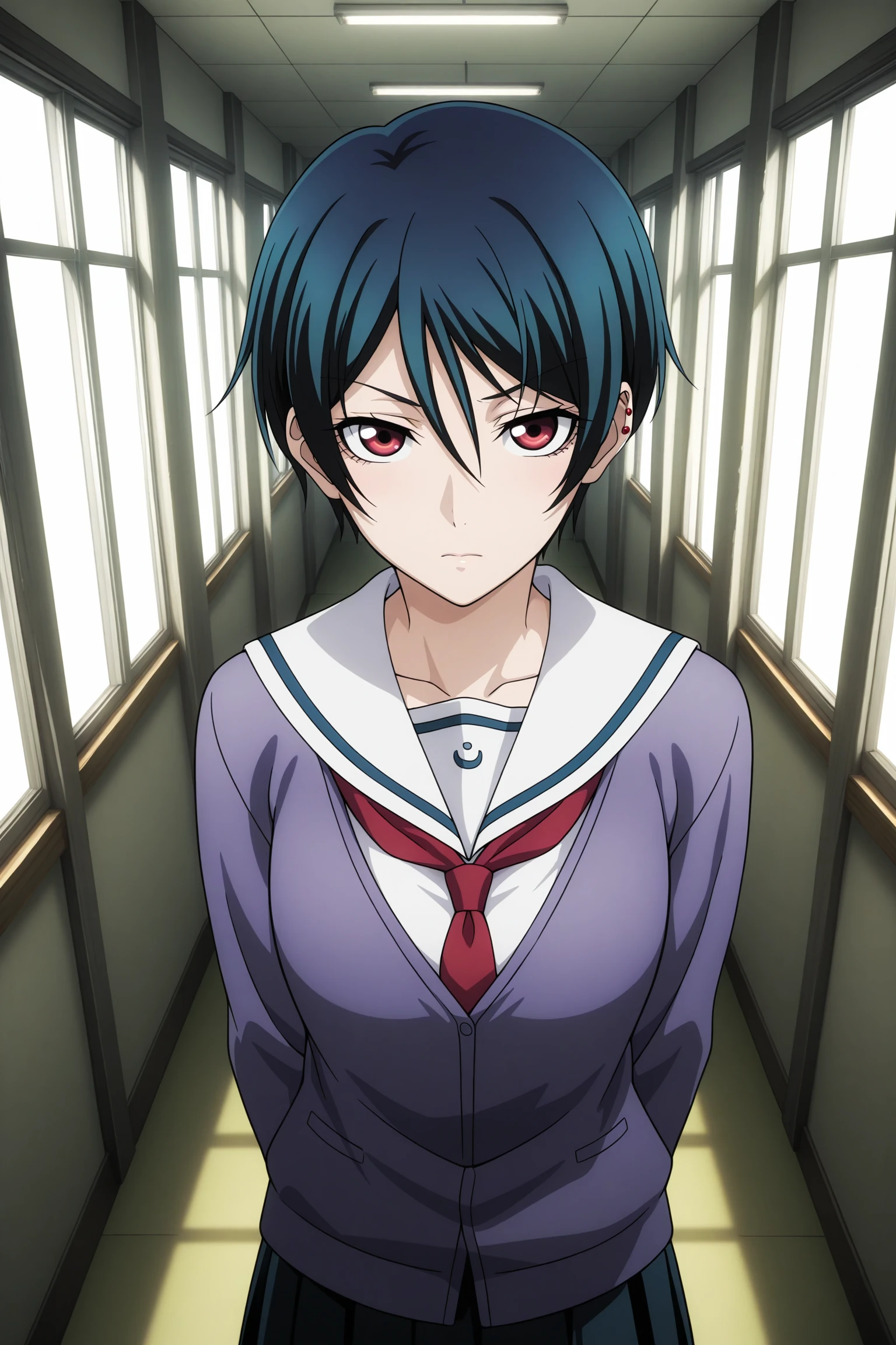 masterpiece, best quality, amazing quality, highres, absurdres, very aesthetic, high resolution, ultra detailed, perfect details, 1girl, looking at viewer, indoors, hallway, kanoe kirie, short hair, blue hair, hair between eyes, red eyes, ear piercing, school uniform, serafuku, purple cardigan, white sailor collar, red neckerchief, black skirt, pleated skirt, red-white footwear, sneakers, <lora:Kirie_Kanoe_ILXL:0.8>, (aged up:1.5), (cowboy shot:1.5), (vignetting:1.4), pose