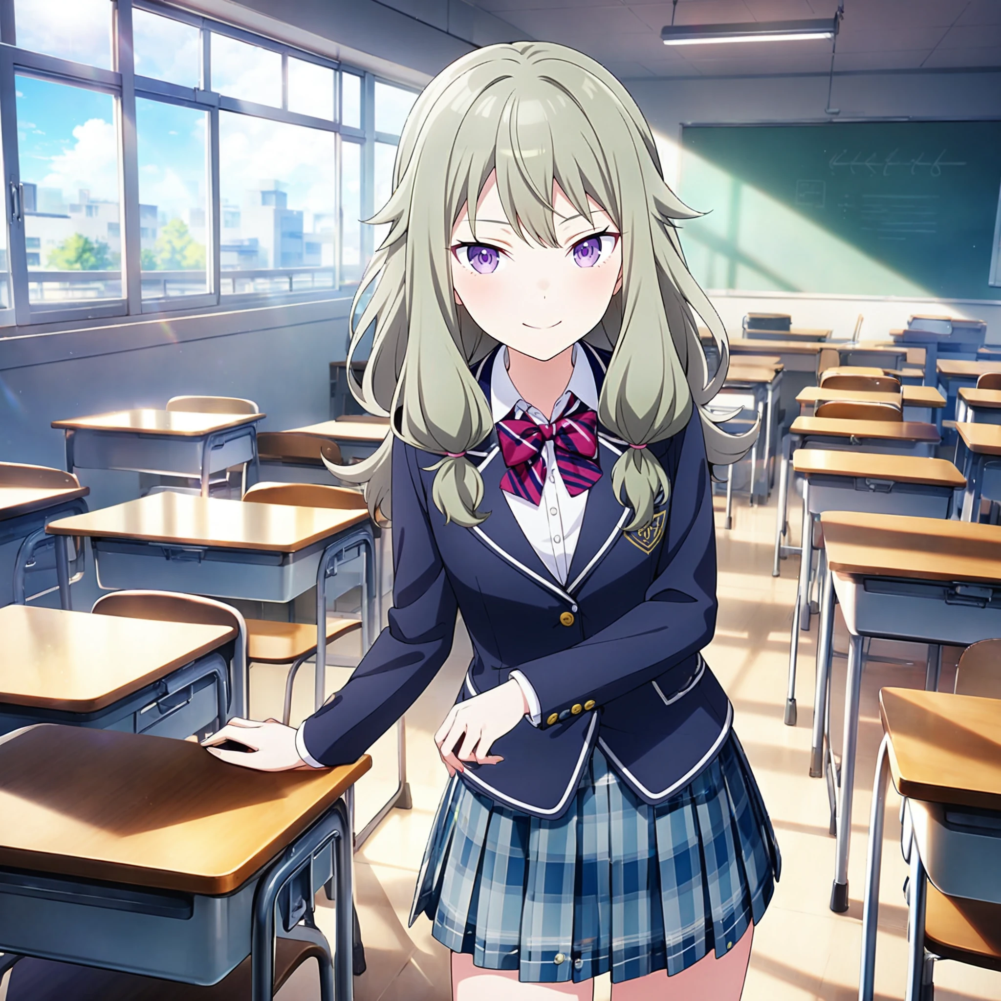 1girl, kusanagi nene, project sekai, solo, masterpiece, very aesthetic, absurdres, official art,
kamikou blazer, solo, green hair, low tied long hair, hair over shoulder, purple eyes, bangs,
(looking at viewer:1.2), smiling, closed mouth, cowboy shot, contrapposto, dutch angle, BREAK
black blazer, (buttoned blazer:1.4), white shirt, plaid skirt, red diagonal-striped bowtie,
indoors, school classroom, day, sun light, beautiful blue sky, chair, desk,
<lora:sdxl-vbs-SeifukuAn03:0.4:lbw=0,0,0.2,0.2,0,0.4,0.4,0,0.8,0.8,0,0,0,0.8,0.8,0.6,0.8,0.0,0.0,0.0,0,0,0,0,0,0>