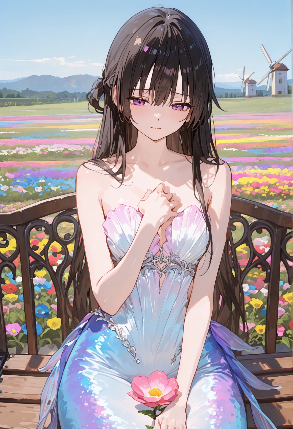 perfect quality,high quality,masterpiece,absolutely eye-catching,ambient occlusion,raytracing,front view,full_shot,vanishing point,YukiSuou Cyql,1girl,solo,long hair,bangs,black hair,purple eyes,furrowed brow,sitting,hand on own chest,Whimsical,Elegant mermaid gown with a strapless sweetheart neckline and lace appliquÃ©s,sandybrown gradient clothes,beautiful face,beautiful eyes,perfect body,sexy,Serene sky,at Daybreak,(in Flower garden,colorful flower garden,landscape of flowers:1.5),( blue sky,cumulonimbus),(windmill:1.3),(wooden bench:1.2),(many flowers are blooming:1.3),intricate cinematic background,detailed background,laser light clothes,qxys,748cmstyle,<lora:spo_sdxl_10ep_4k-data_lora_webui:0.7>,<lora:illustrious_all_rated_v1:0.7>,<lora:laser_light_clothes_v0.5-pony:0.4>,<lora:748cmSDXL:0.9>,<lora:YukiSuou_Illustrious by Cyql:0.9>,