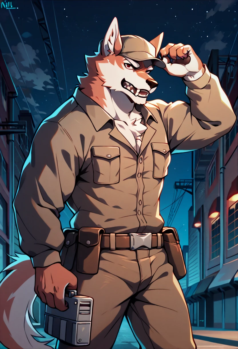 satowolf,red eye,patterned fur,seriously,guarding,wolf tail,brown_skin,overalls,holster,thoughtful,furrowed brows,utility belt,brown pants,brown uniform,guarding,cap,cute male furry feral chibi satowolf,teeth,posing,solo,abs,1boy,furry,muscular,pectorals,masculine,five fingers,looking at viewer,source_furry,score_9_up,score_8_up,score_7_up,score_6_up,score_5_up,score_4_up,night,standing,speed_lines,furry male,muscular male,muscular anthro,best quality,hi res,8k hd,gay,yaio,bara,male focus,extreme detail,detailed background,masterpiece,8k hd,by niji6,<lora:Sato_Brand_New_Animal:0.8>,