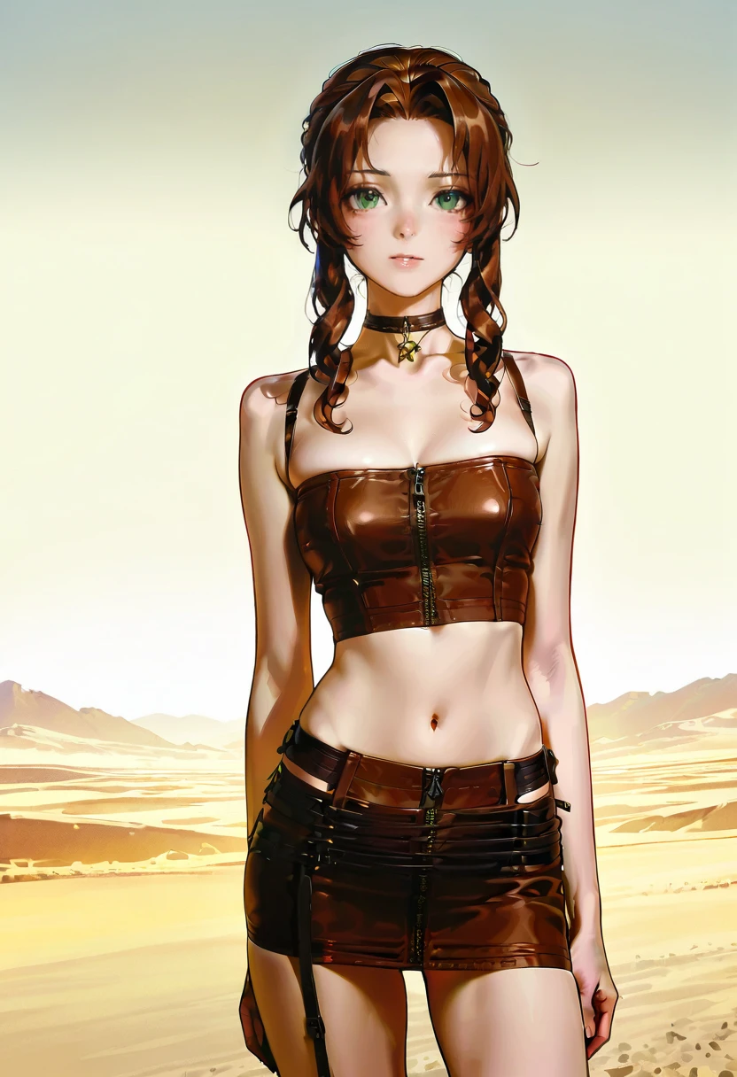 1girl,solo,looking at viewer,ikeda ruriko, desert,echo lingerie, skirt, zipper, choker, midriff, aerith_gainsborough