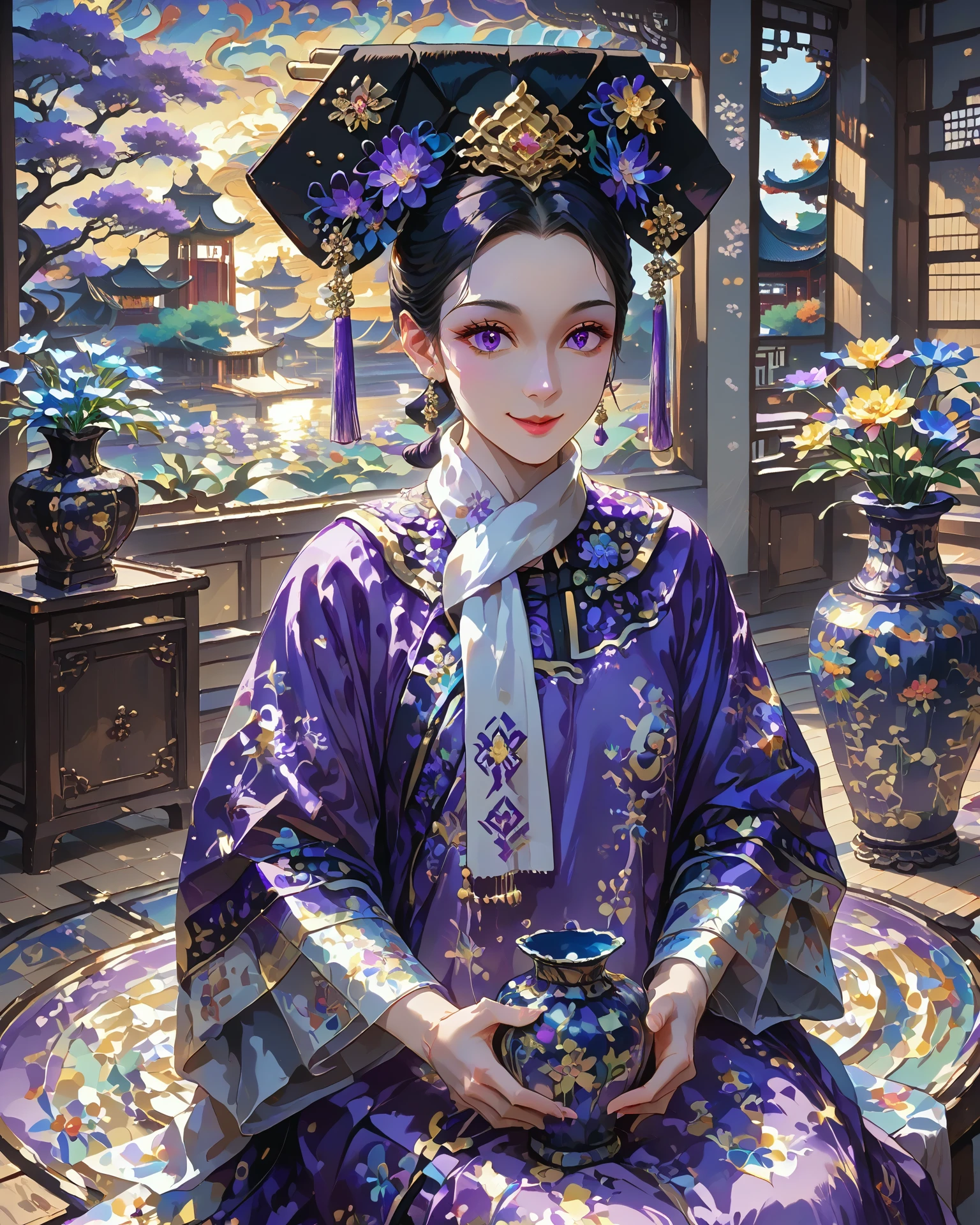 1girl, qingfa, (qingfa scarf), holding a vase, ornate clothing, flowers, asian sitting room, wood panel wall, purple clothing, gold accents, light_smile, intricate patterned fabric, brocade, jacquard fabric, masterpiece, highest quality, absurdres, digital art, very detailed, score_9, score_8_up, score_7_up, evening,  <lora:QingFashion_XL_V3:1.1>,   <lora:swirlsXLP:1> swirls, ripples, colorful,