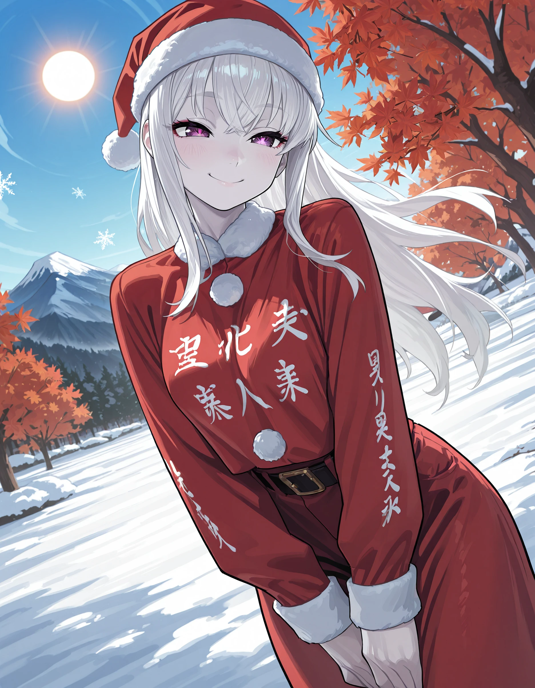 masterpiece, best quality, amazing quality, very aesthetic, absurdres,  newest,<lora:tokko-fuku:1>,<lora:Lhata4564_illu:1>,t0kk0_5uku,Lhata4564, 1girl,santa costume,  clothes writing,white hair,pale skin, spider lily, wind,smile,sun, dutch angle,fisheye,maple tree ,maple leaf,snow,trees,mountain, snowflakes,santa hat,