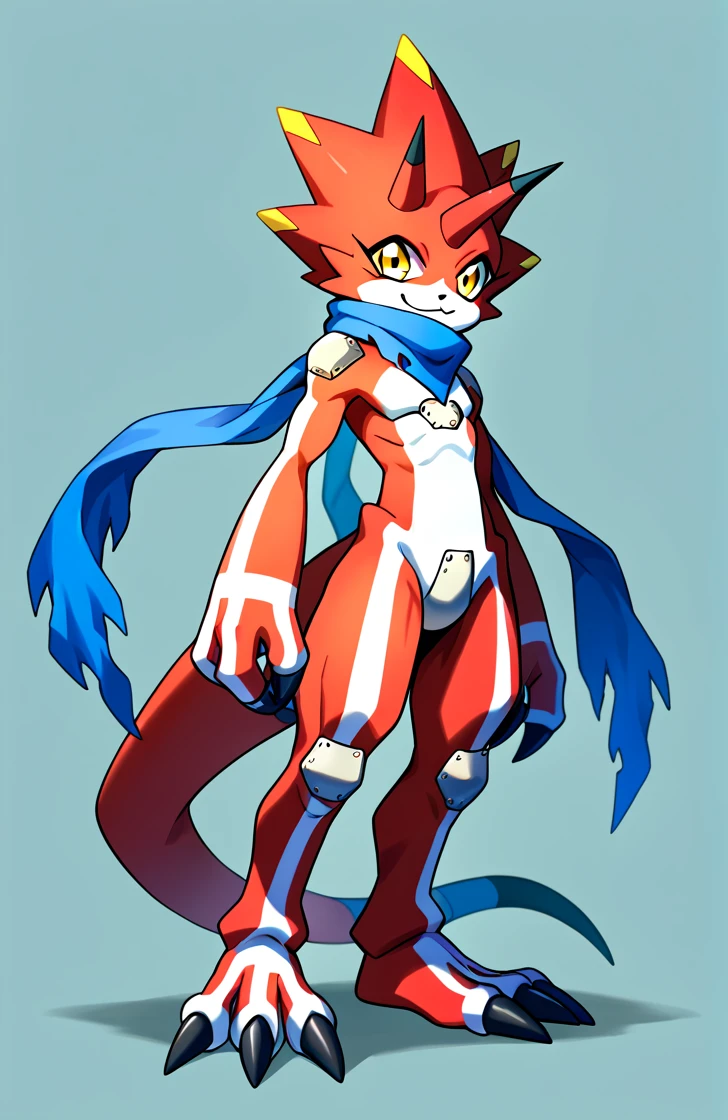 <lora:betelgammamon:1>,betelgammamon,digimon (creature),red skin,scarf,yellow eyes,full body,standing,smile,score_6_up,score_7_up,score_8,score_9,