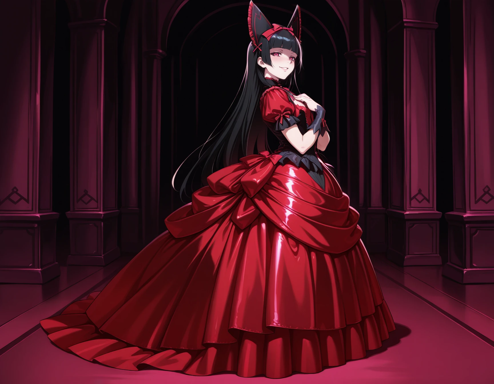 1girl, solo, mature female, rory mercury, full body, red  ballgown, shiny satin fabric, yandere trance,  from side, looking at viewer, facing viewer, hand on chest, grand hall, smile,  headpiece, roses masterpiece, best quality, very aesthetic, newest