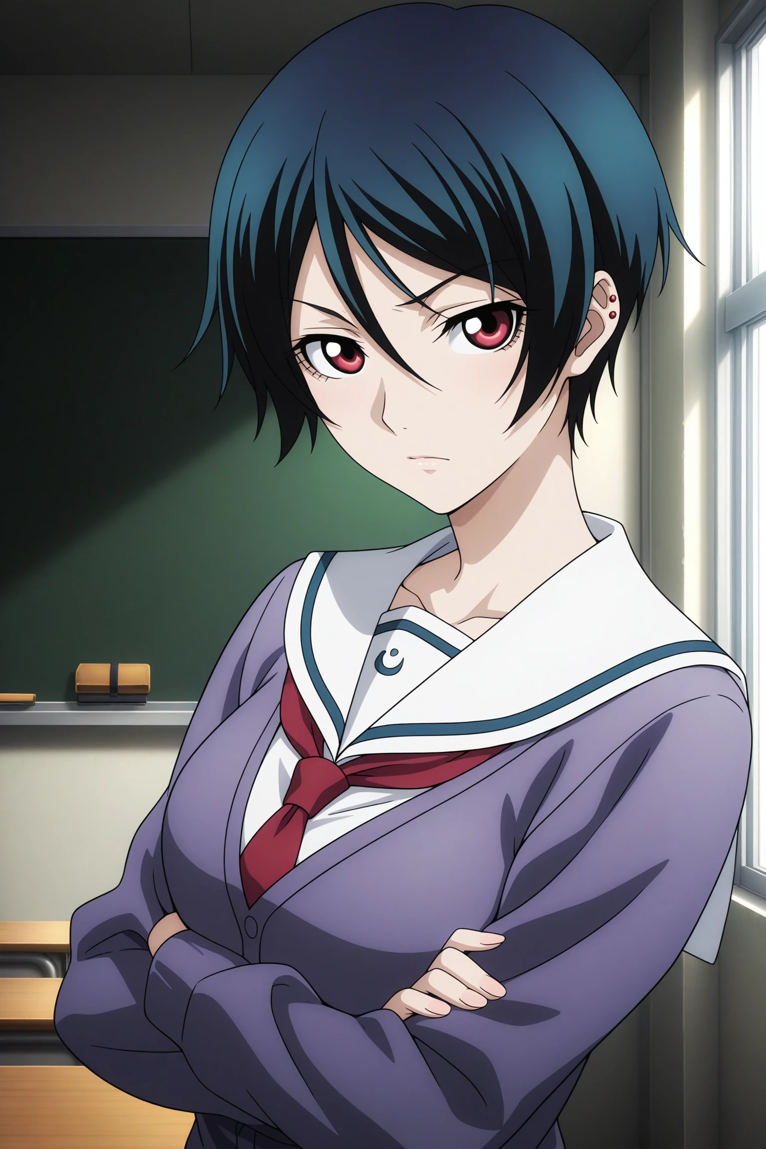 masterpiece, best quality, amazing quality, highres, absurdres, very aesthetic, high resolution, ultra detailed, perfect details, 1girl, looking at viewer, indoors, classroom, kanoe kirie, short hair, blue hair, hair between eyes, red eyes, ear piercing, school uniform, serafuku, purple cardigan, white sailor collar, red neckerchief, black skirt, pleated skirt, red-white footwear, sneakers, <lora:Kirie_Kanoe_ILXL:0.8>, (aged up:1.5), (upper body:1.5), (pose:1.2), (vignetting:1.4)