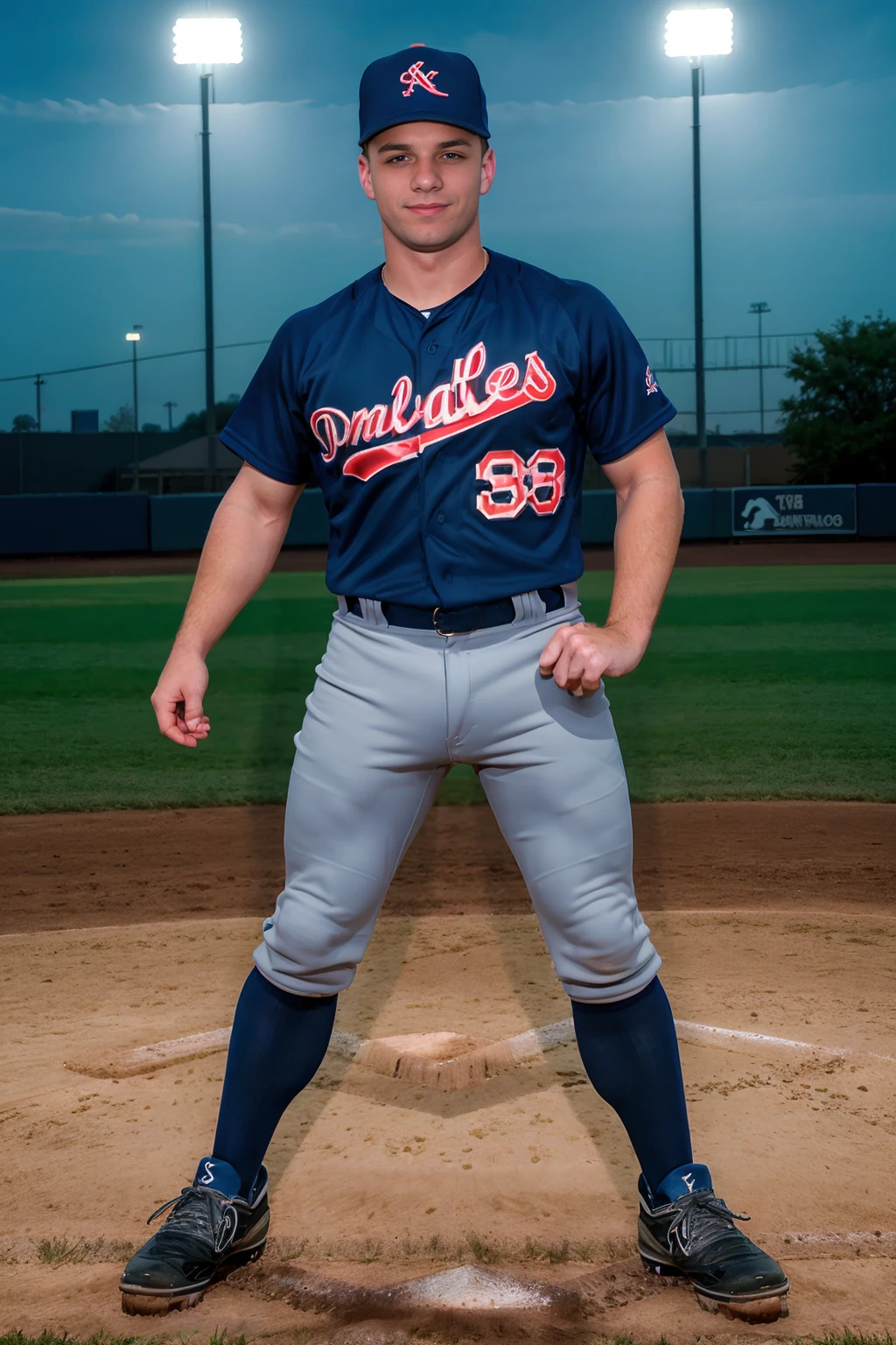 (late evening, (baseball field), stadium lighting), standing at shortstop,  DougAcre, slight smile, baseballplayer, (baseball uniform), dark blue jersey, wearing dark blue baseball cap, (gray pants), dark blue socks, (wearing baseball mitt), (((full body portrait))), wide angle,  <lora:DougAcre:0.8> <lora:Clothing - Sexy Baseball Player:0.65>