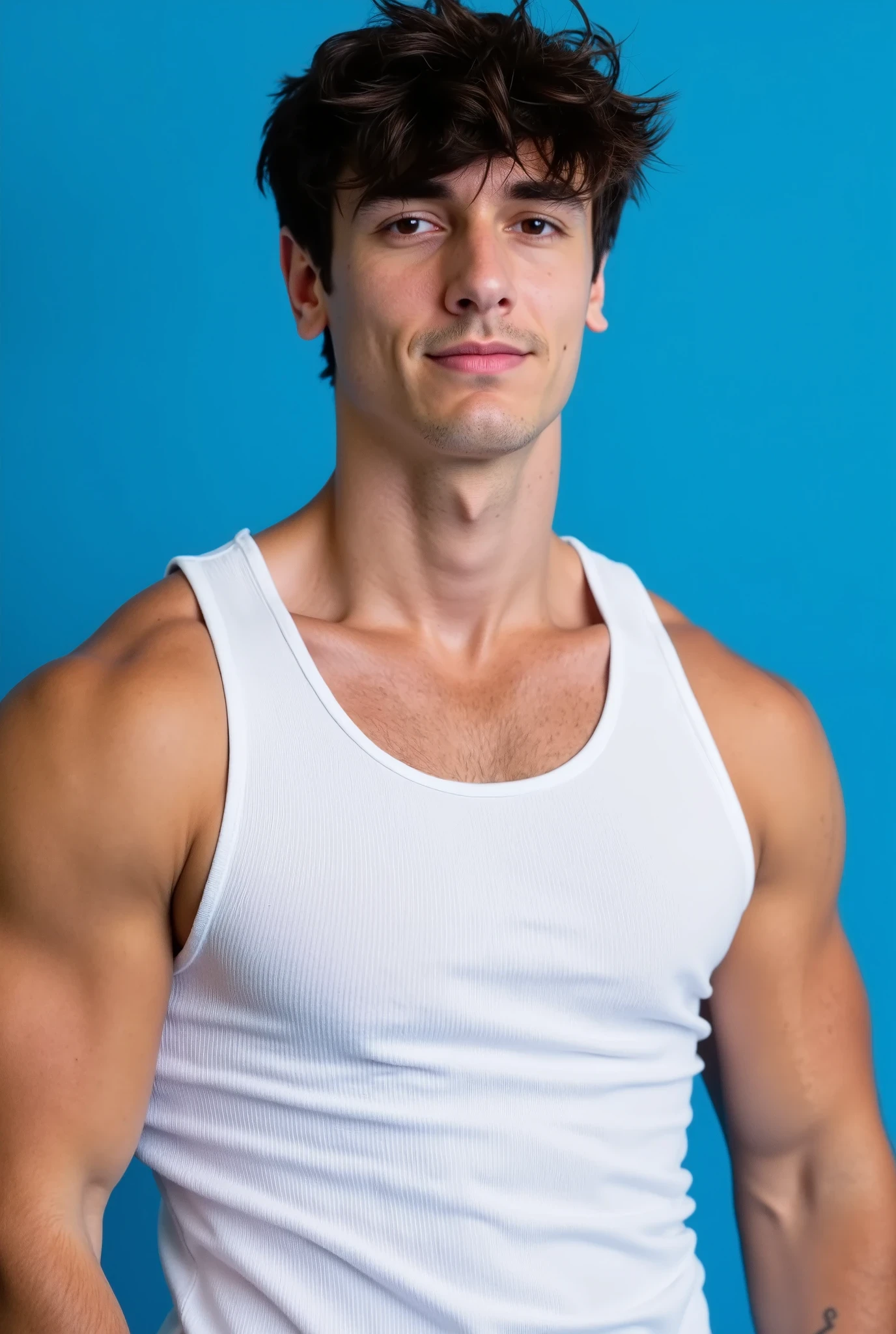 Bryce Hall. This high resolution photograph features Bryce Hall standing confidently against a solid blue background. He has a muscular, athletic build with a defined chest and arms. He is wearing a fitted, white, ribbed tank top that accentuates his toned physique. His dark brown hair is styled in a messy, tousled manner. He has a serious, slightly pensive expression on his face, with a hint of a smile.