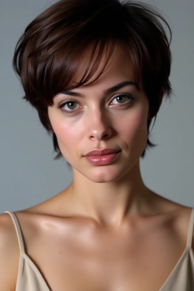 High quality realistic beauty shot of izaflx. A close-up shot of a short haired woman. She is wearing a camisole blouse. Her hair is tousled. The backdrop is a light gray.