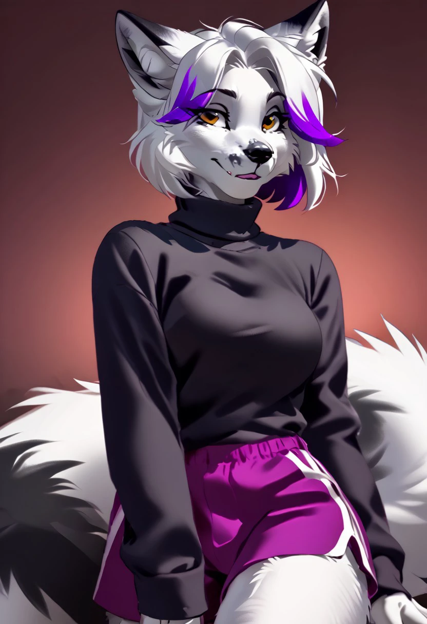 score_9, score_8_up, score_7_up, (by zummeng:1.5), (by jailbird:1.5), (by kittydee:1.5), masterpiece, best quality, (solo),
(Furry Art : Anthro :canadian marble fox:1.5), 1girl, expressive eyes, feminine eyes, perfect face, feminine face, (white hair with purple highlights:1.5), (bob cut:1.5), feminine body, medium breasts, vulpes, canine, white fur, black fur markings, grey fur markings, (black turtleneck shirt:1.5), (shorts), (yellow eyes),