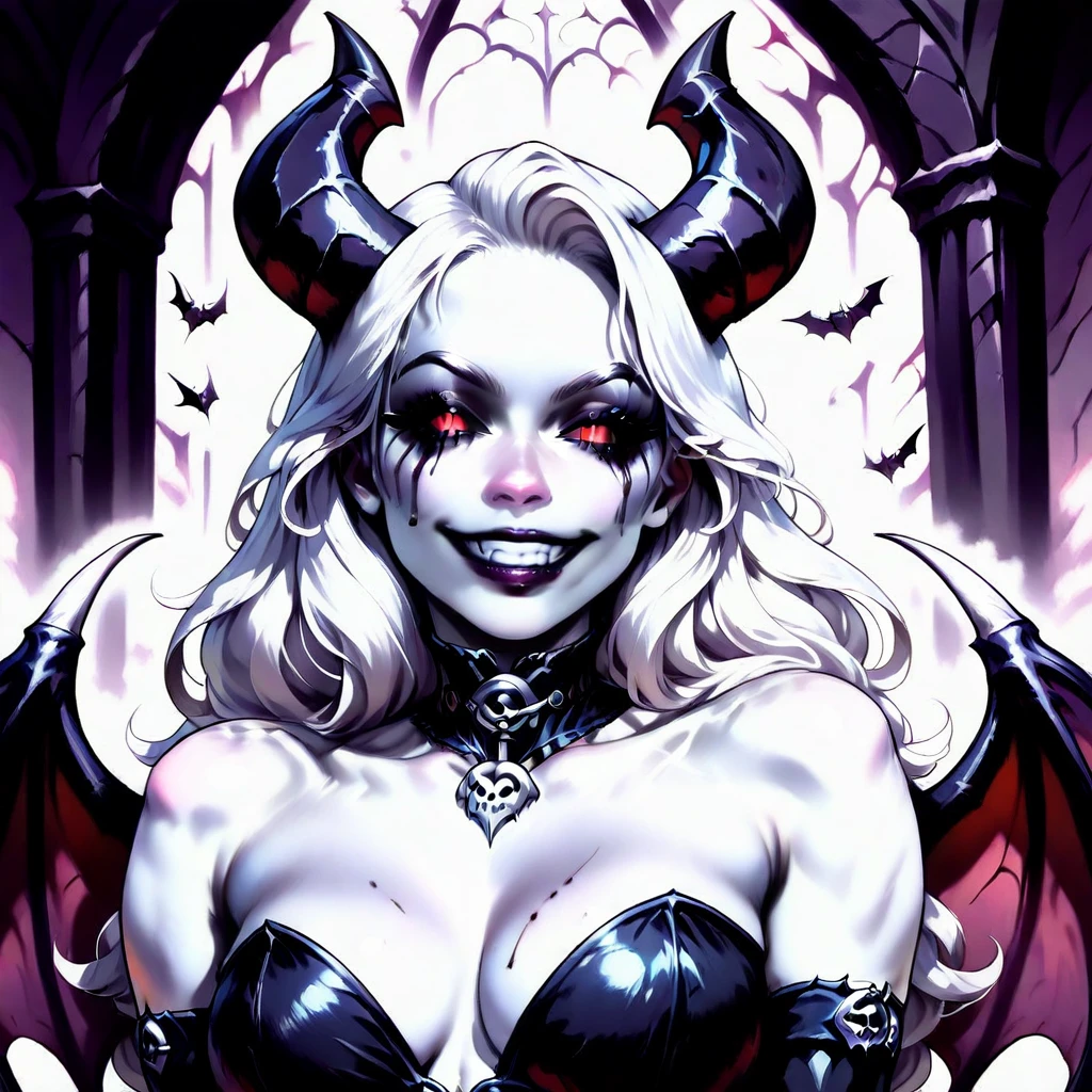 masterpiece, best quality, newest, absurdres, highres, PaintedComicV3, 1girl, white skin, white colored skin, pale skin, albino, albino skin, horns, demon horns, demon girl, succubus, wings, bat wings, demon wings, goth, goth girl, goth makeup, runny makeup, smile, grin, closed mouth,