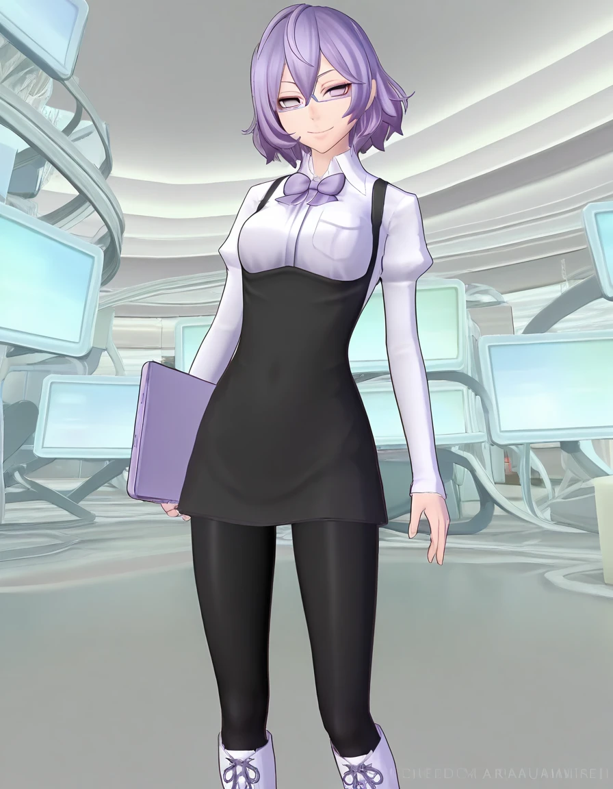 masterpiece, best quality, 1girl, <lora:Mirei_Mikagura_IL_v2:0.8>, mikaguramirei, medium hair, purple hair, purple eyes, no pupils, glasses, purple glasses, bow, layered clothes, white shirt, long sleeves, black dress, short dress, black leggings, knee boots, lace-up boots, white boots, computer, looking at viewer, smile, 3d