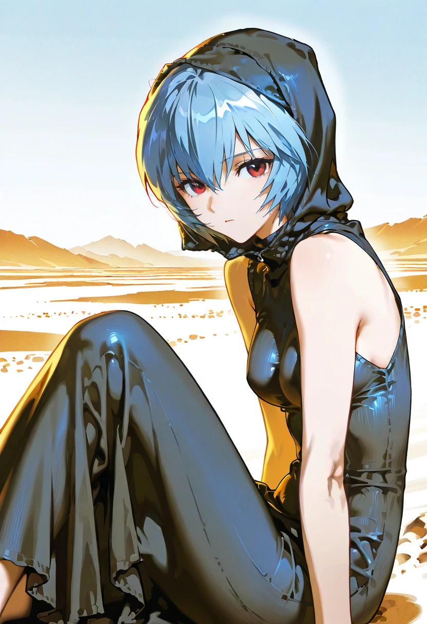 1girl,solo,looking at viewer,ikeda ruriko, desert,ehm dress, hood,sleeveless, ayanami_rei,sitting,