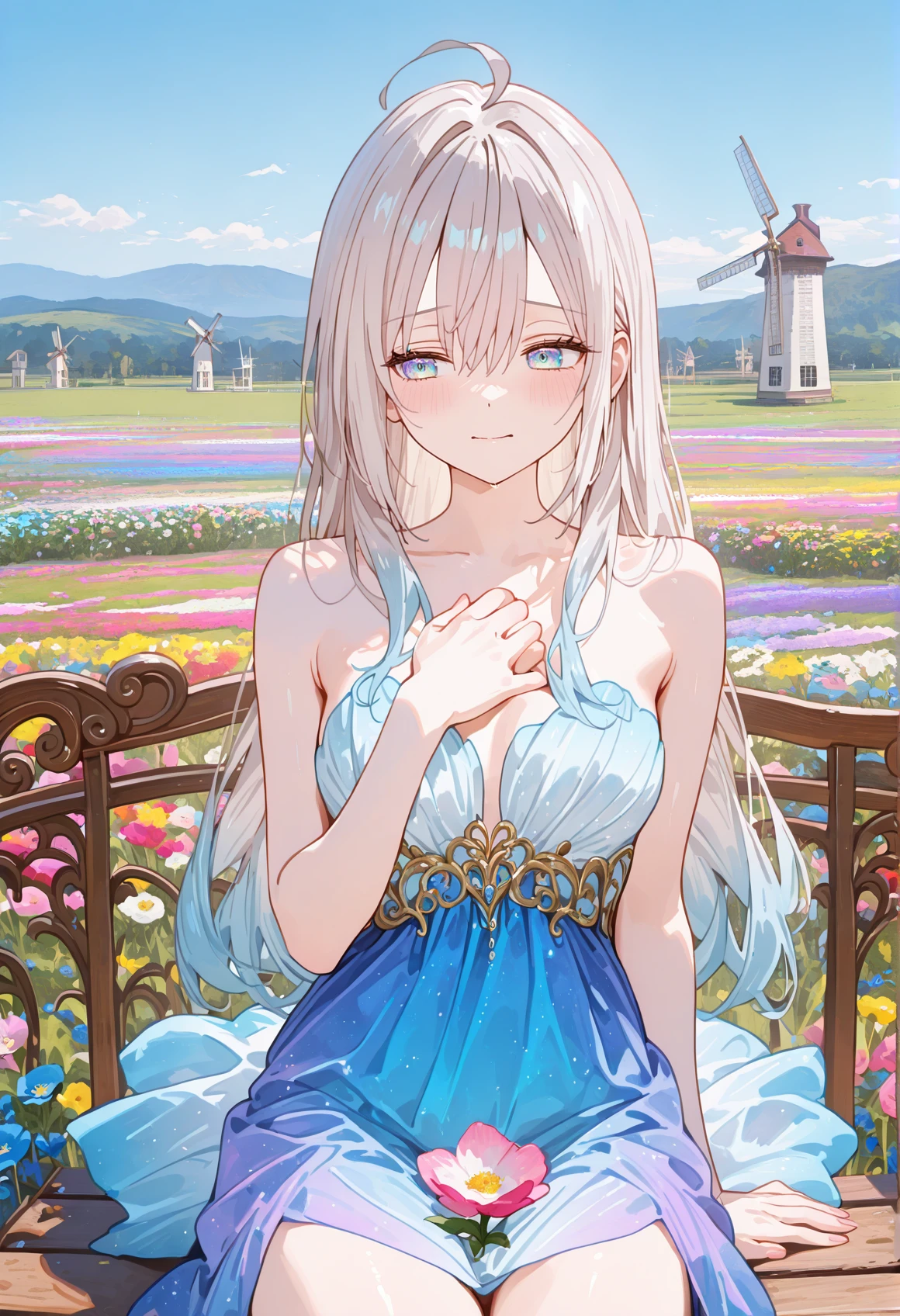 perfect quality,high quality,masterpiece,absolutely eye-catching,ambient occlusion,raytracing,
front view,full_shot,vanishing point,
AlisaMikhaylovna Cyql,1girl,solo,long hair,grey hair,ahoge,blue eyes,
Nervous twitch,sitting,hand on own chest,
Whimsical,Elegant mermaid gown with a strapless sweetheart neckline and lace appliqués,skyblue gradient clothes,
beautiful face,beautiful eyes,perfect body,sexy,
Serene sky,at Daybreak,(in Flower garden, colorful flower garden,landscape of flowers:1.5),( blue sky, cumulonimbus),(windmill:1.3),(wooden bench:1.2),(many flowers are blooming:1.3),intricate cinematic background,detailed background,
laser light clothes,qxys,748cmstyle,<lora:spo_sdxl_10ep_4k-data_lora_webui:0.7>,<lora:illustrious_all_rated_v1:0.7>,<lora:laser_light_clothes_v0.5-pony:0.4>,<lora:748cmSDXL:0.9>,<lora:Alisa Mikhaylovna2:0.9>,