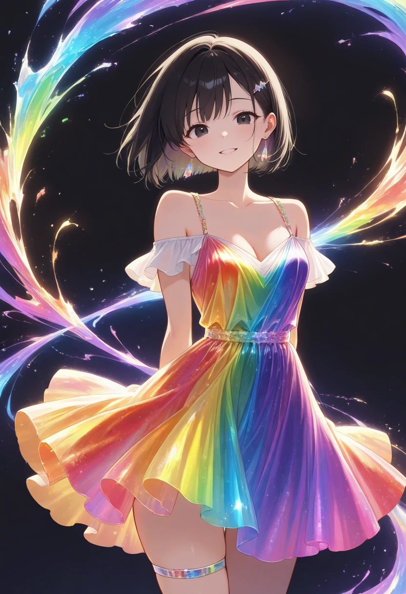 masterpiece, best quality, perfect anatomy, very aesthetic, ((outlined outlined vector graphics)),no norm, , cute face, (glow eyes:0.8), glittering, glimmering,front view, black background, rainbow ring, looking at viewer,cowboy shot,rainbow splash, rainbow water, 20yo, black hair, black eyes, short bob hair, hair pin,mdeium breast, slender,(white thigh strap:1.1), rainbow dress, off shoulder dress, arms behind back, smile beam,happy, open eyes , jewelry, earrings, parted lips <lora:rainbow-dress-il-01:1>