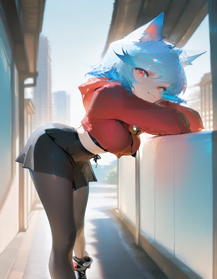 masterpiece, best quality, amazing quality, very aesthetic, absurdres, newest, scenery,
cowboy shot,  outdoors,building, day, looking at viewer,  cat ears, neck bell, leaning forward,, :3,
1girl, standing, juanita2, red hoodie, crop top,skirt,pantyhose,blue hair, shoes,,<lora:juanita2-10:1>
masterpiece, best quality, amazing quality, very aesthetic, absurdres, newest, scenery <lora:NTR_MIX_4.0_LORA:0.5> <lora:HandFixer_pdxl_Incrs_v1:1> handfixer