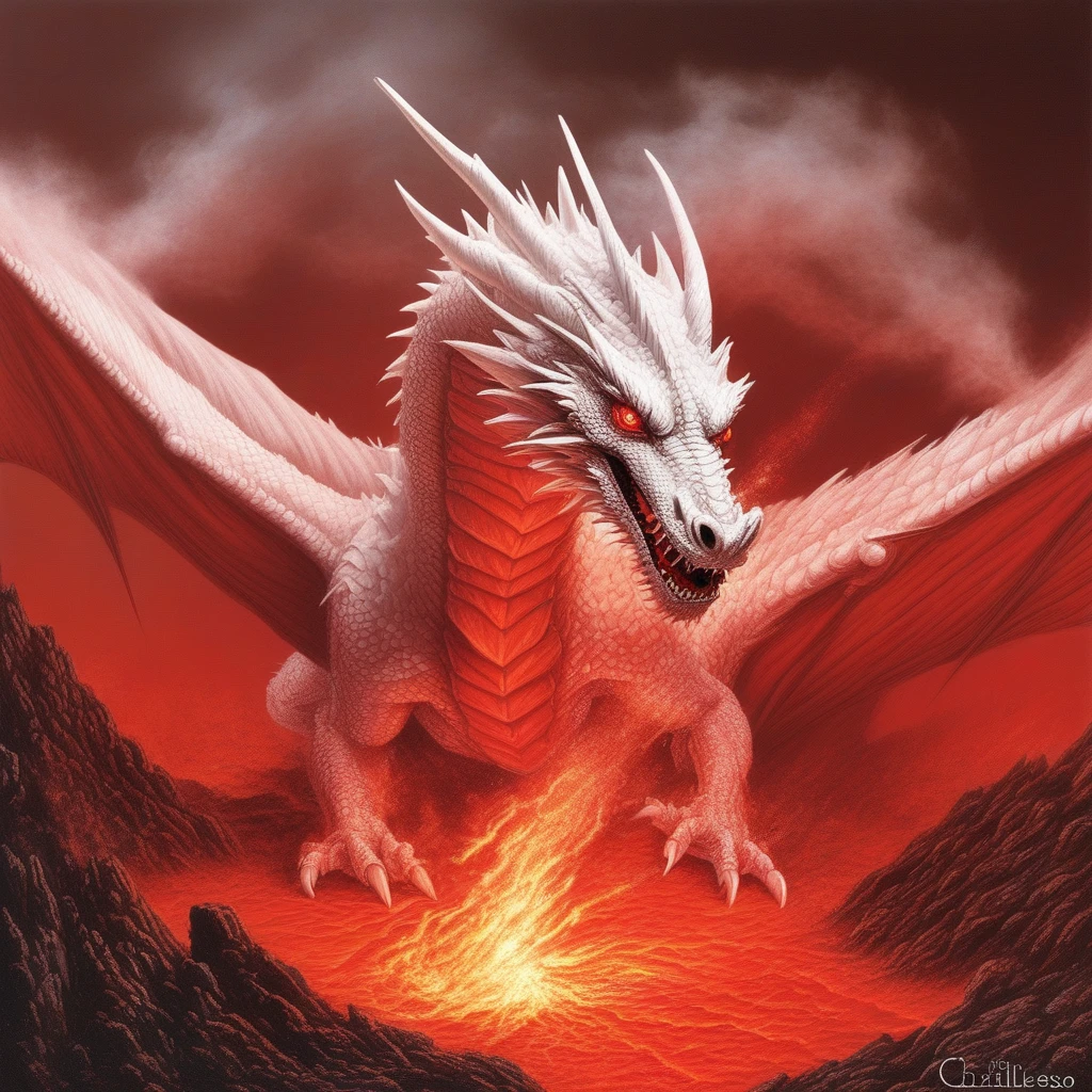 a white dragon coming out from a red hot volcano explosion, fantasy art made by chris achilleos