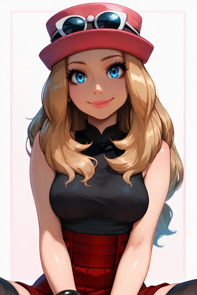 masterpiece, best quality, 1girl, solo, beautiful eyes, zzSerena, solo, long hair, blue eyes, eyewear on headwear, pink headwear, eyelashes, sleeveless shirt, black shirt, bracelet, high-waist skirt, red skirt, black thighhighs,  <lora:SerenaPokemonIXL_v2:1.0>,   <lora:IncaseIXL_v1:1.0>, lips, upper body, smile, looking at viewer, shiny skin,