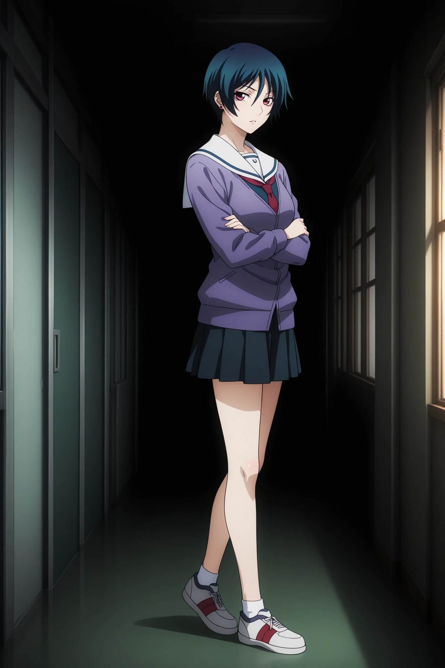 masterpiece, best quality, amazing quality, highres, absurdres, very aesthetic, high resolution, ultra detailed, perfect details, 1girl, looking at viewer, indoors, hallway, kanoe kirie, short hair, blue hair, hair between eyes, red eyes, ear piercing, school uniform, serafuku, purple cardigan, white sailor collar, red neckerchief, black skirt, pleated skirt, red-white footwear, sneakers, <lora:Kirie_Kanoe_ILXL:0.8>, (aged up:1.5), (full body), (vignetting:1.4), pose, from side