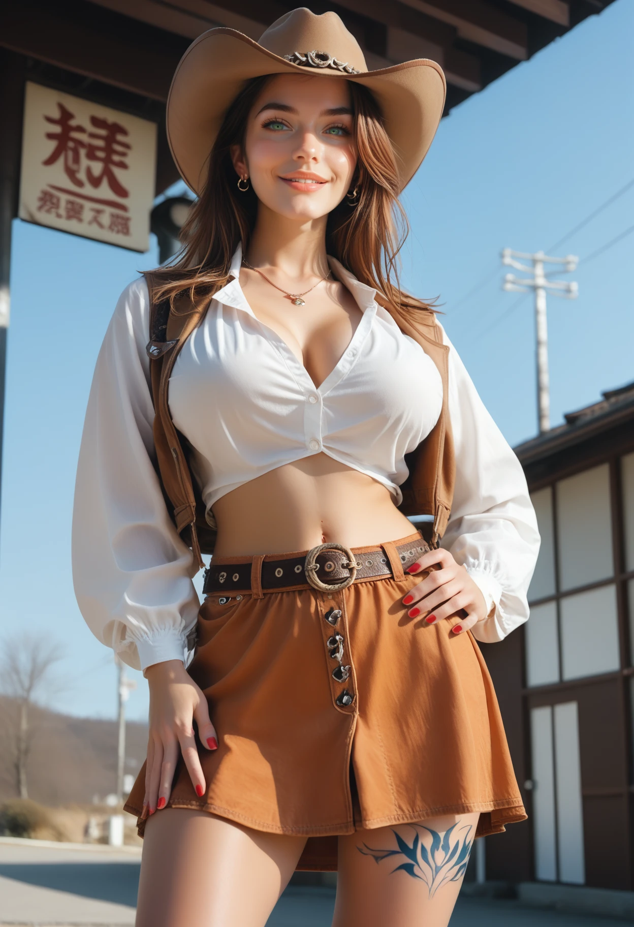 MPV@Mary_Jane_VPXL_V3_finale,score_9,score_8_up,score_7_up,realistic,realistic,photo,dynamic angles,photoshoot poses,1girl,smiling,jewelry,midriff,outdoors,leg tattoo,navel,necklace,day,crop top,belt,brown hair,hand on hip,earrings,parted lips,blue sky,power lines,looking at viewer,huge breasts,green eyes,nail polish,mid shot,white shirt,cloud,open clothes,long hair,miniskirt,japanese cafe,brown headwear,jacket,coat,fingernails,red nails,long sleeves,orange skirt,bangs,boots,cowboy boots,standing,from below,cowboy hat,utility pole,stomach,masterpiece,4n1v3rs3,depth of field,dynamic angle,sexy photography,sharp,hyperdetailed:1.15,<lora:MPV@Mary_Jane_VPXL_V3_finale_epoch_5:0.8>,<lora:hand 5.5:0.7>,