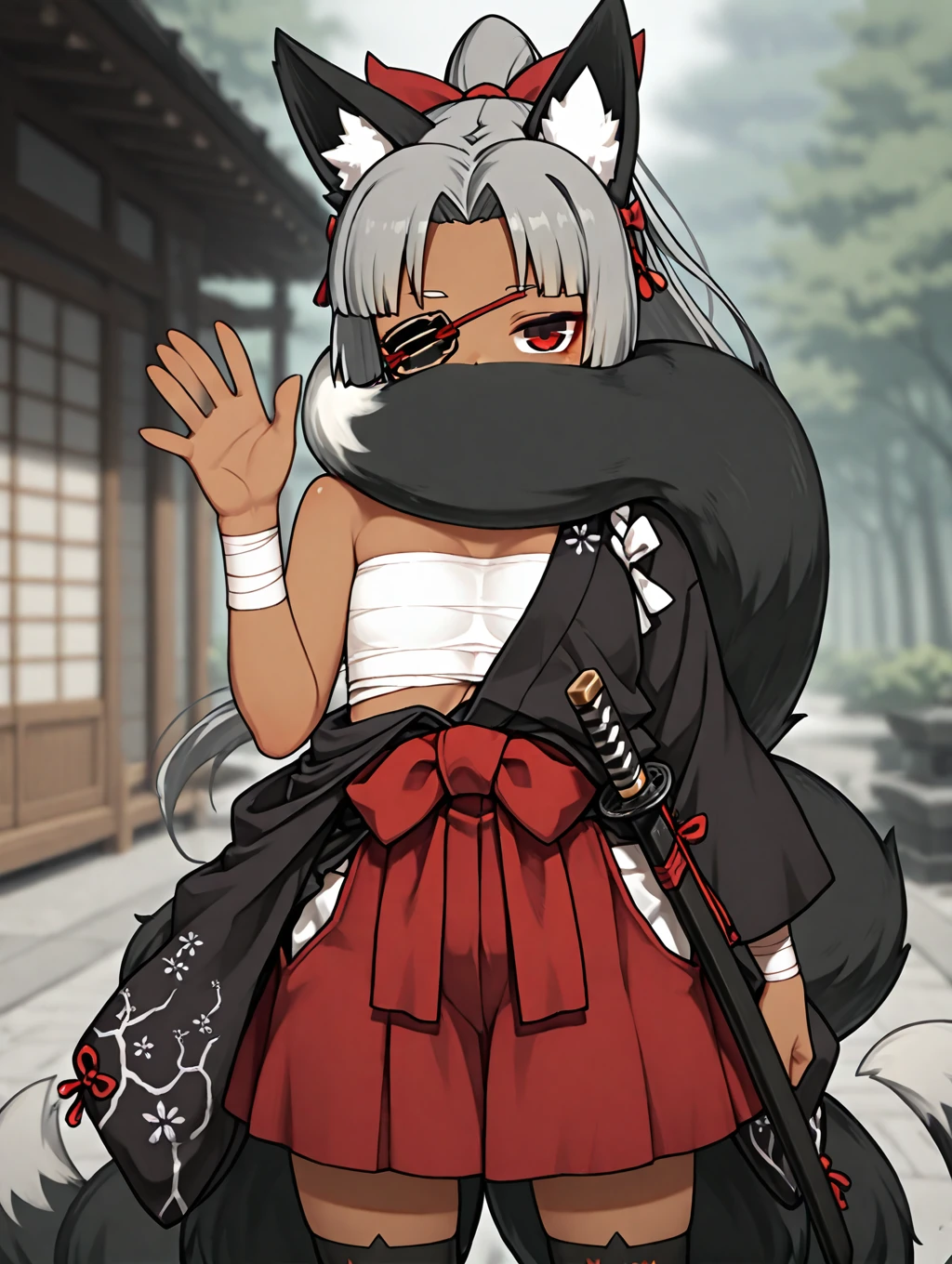 1girl, Izuna, grey hair, high-ponytail, red eyes, black fox ears, black fox tail, 4 tails, dark_skin, eyepatch, bandages, sarashi, red skirt, hair bow, red bow, tail over mouth, covered mouth, tail around head, black thighhighs, sheath, katana,

expressionless, standing, ((dynamic pose)), outdoors, waving,

masterpiece, best quality,amazing quality, very aesthetic, absurdres, depth of field, blurry background, extremely detailed face, detailed eyes eyes,masterpiece,best quality,amazing quality