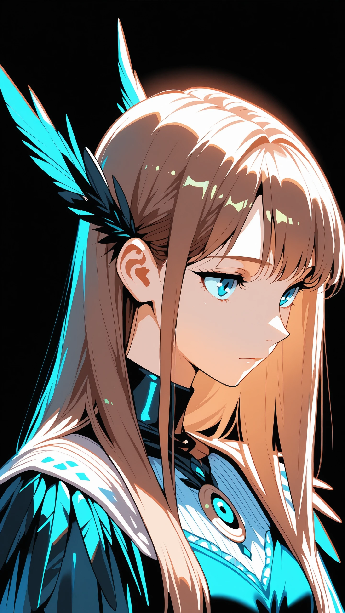 detailed eyes <lora:reij-dq:0.8>, a woman, long hair, straight hair, brown hair, blue eyes,dress, raven feathers, minimal background, black background