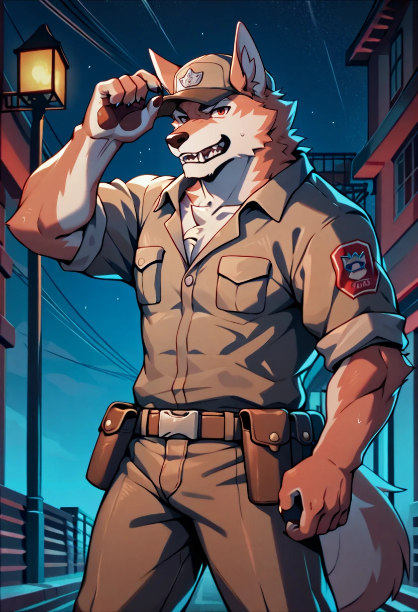 satowolf,red eye,patterned fur,seriously,guarding,wolf tail,brown_skin,overalls,holster,thoughtful,seriously,furrowed brows,utility belt,brown pants,brown uniform,guarding,cap,cute male furry feral chibi satowolf,teeth,posing,solo,abs,1boy,furry,muscular,pectorals,masculine,five fingers,looking at viewer,source_furry,score_9_up,score_8_up,score_7_up,score_6_up,score_5_up,score_4_up,night,standing,speed_lines,furry male,muscular male,muscular anthro,best quality,hi res,8k hd,gay,yaio,bara,male focus,extreme detail,detailed background,masterpiece,8k hd,by niji6,<lora:Sato_Brand_New_Animal:0.8>,