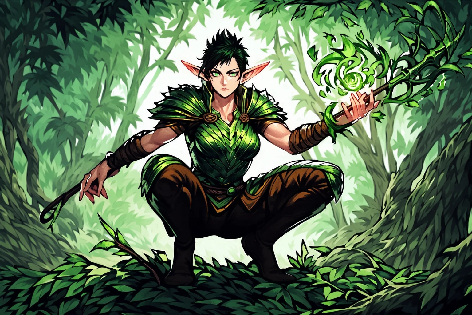 <lora:anime_mtg:1>1girl, mtg style, solo, holding weapon, magic the gathering, long ears, green leaf armor, short tomboy hair, athletic build, medium beasts, green eyes, squatting in a tree branchm, long pointy ears, elf ears,, , source_anime, score_7_up,