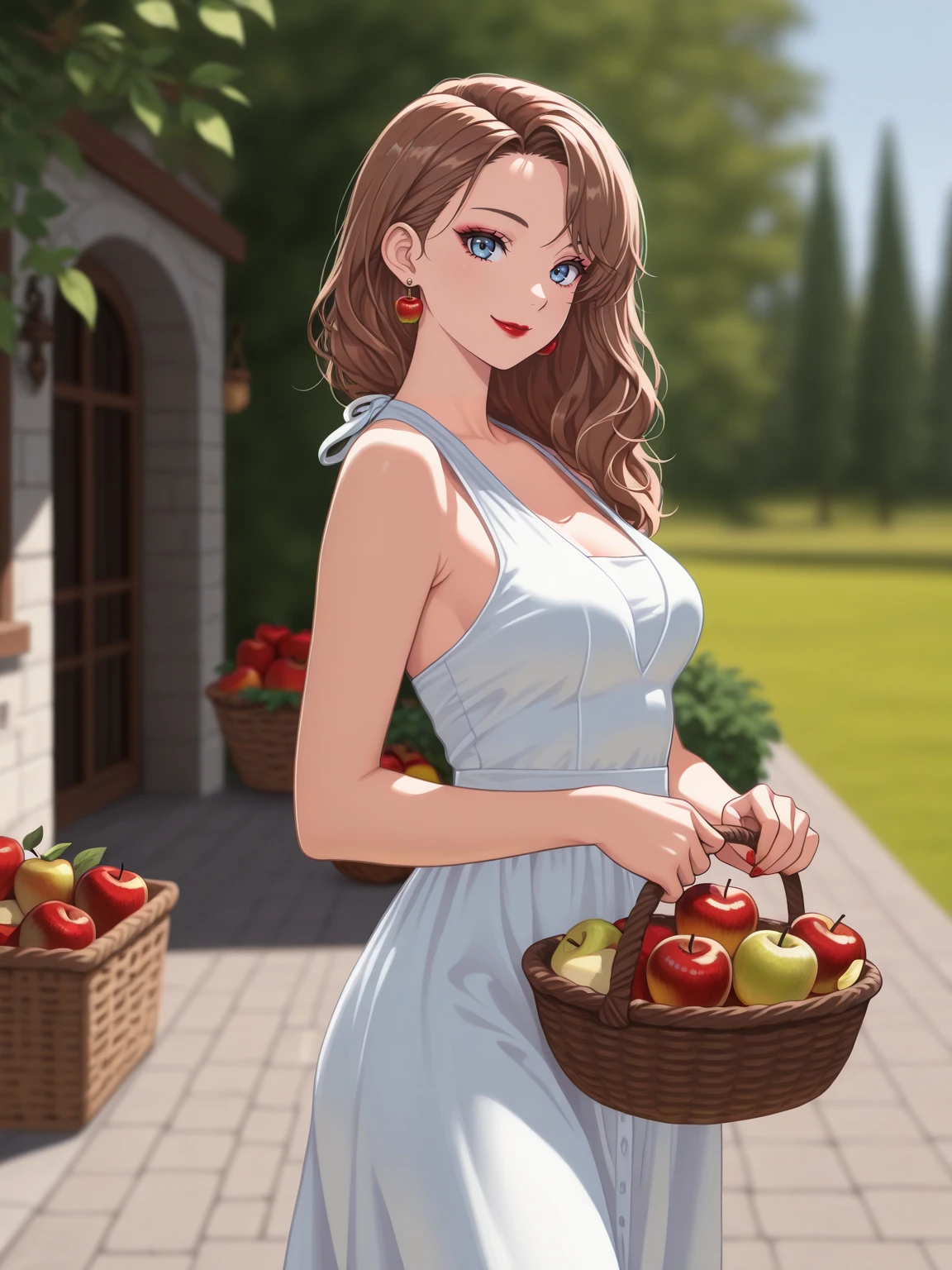 Masterpiece,best quality,vector art,looking at viewer,smile,red lipstick,
1girl, solo, looking at viewer, blue eyes, brown hair, dress, holding, jewelry, standing, earrings, outdoors, sleeveless, day, white dress, blurry, fruit, sleeveless dress, blurry background, apple, basket, holding basket, wearing edgEV
<lora:edgEuropeanVintageILS:1>