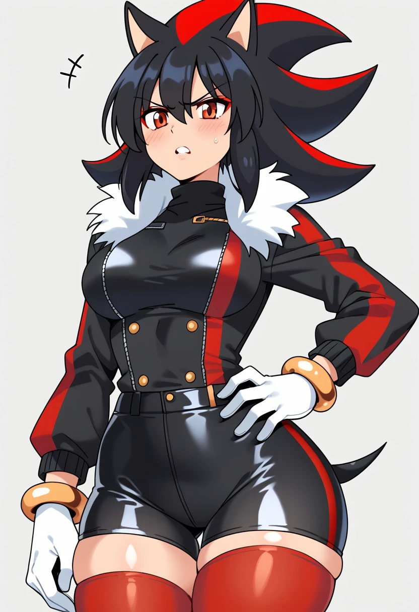 score_9, score_8_up, score_7_up, , shiny skin:0.1, source_anime , deep skin,, high quality, highres, , 1girl, (curvy), ((wide hips)), medium breasts, thick thighs, cute, , sexy, , ShadowGijinka, 1girl, big hair, black hair, red highlights, red eyeshadow, hedgehog ears, hedgehog tail, red eyes, spiked hair, hair between eyes, sidelocks, gold bracelets, white gloves, black turtleneck, long sleeves, shirt, white fur trim, black shorts, biker shorts, red stockings, angry, solo