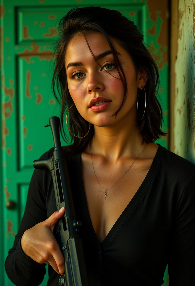 full body view, looking at the camera, multiple angles,looking at camera, photoshoot poses; the image is a portrait of a woman. In a bold, cinematic style reminiscent of Kathryn Bigelow's intense action sequences, we find ourselves amidst a gritty, high-contrast scene where a stunning young woman stands confidently in front of a worn green door. framing her striking features as she holds a sleek black assault rifle with a firm grip. Her piercing brown eyes lock onto the viewer's gaze, exuding an air of determination and unyielding conviction. The woman's tanned skin glows warmly in the soft, golden light that casts long shadows across the wall behind her.,RAW candid cinema,16mm,color graded portra 400 film,remarkable color,ultra realistic,textured skin,remarkable detailed pupils,realistic dull skin noise,visible skin detail,skin fuzz,dry skin,shot with cinematic camera,detailed skin texture,(blush:0.2),(goosebumps:0.3),subsurface scattering,beautiful photograph in the style of Augustus John,Sergio Toppi,Virginia Frances Sterrett,8k HD,detailed skin texture,ultra realistic,textured skin,analog raw photo,cinematic grain,whimsical,