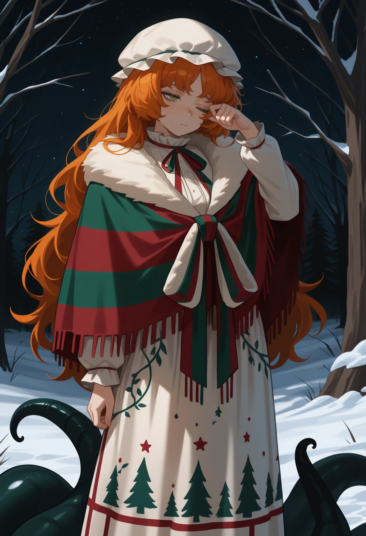 masterpiece, best quality, solo, 1girl, ihmlchnm, freckles, tired, looking away, standing, hand up, rubbing eyes, long hair, orange hair, white headwear, mob cap, green eyes, fur trim, poncho, two-tone capelet, red capelet, green capelet, long dress, white dress, print dress, neck ribbon, two-tone ribbon, red ribbon, green ribbon, long sleeves, outdoors, dark background, star \(sky\), starry sky, snow, nature, tree, tentacles
<segment:yolo-Anzhc Face seg 640 v2 y8n.pt,0.4,0.5//cid=1>