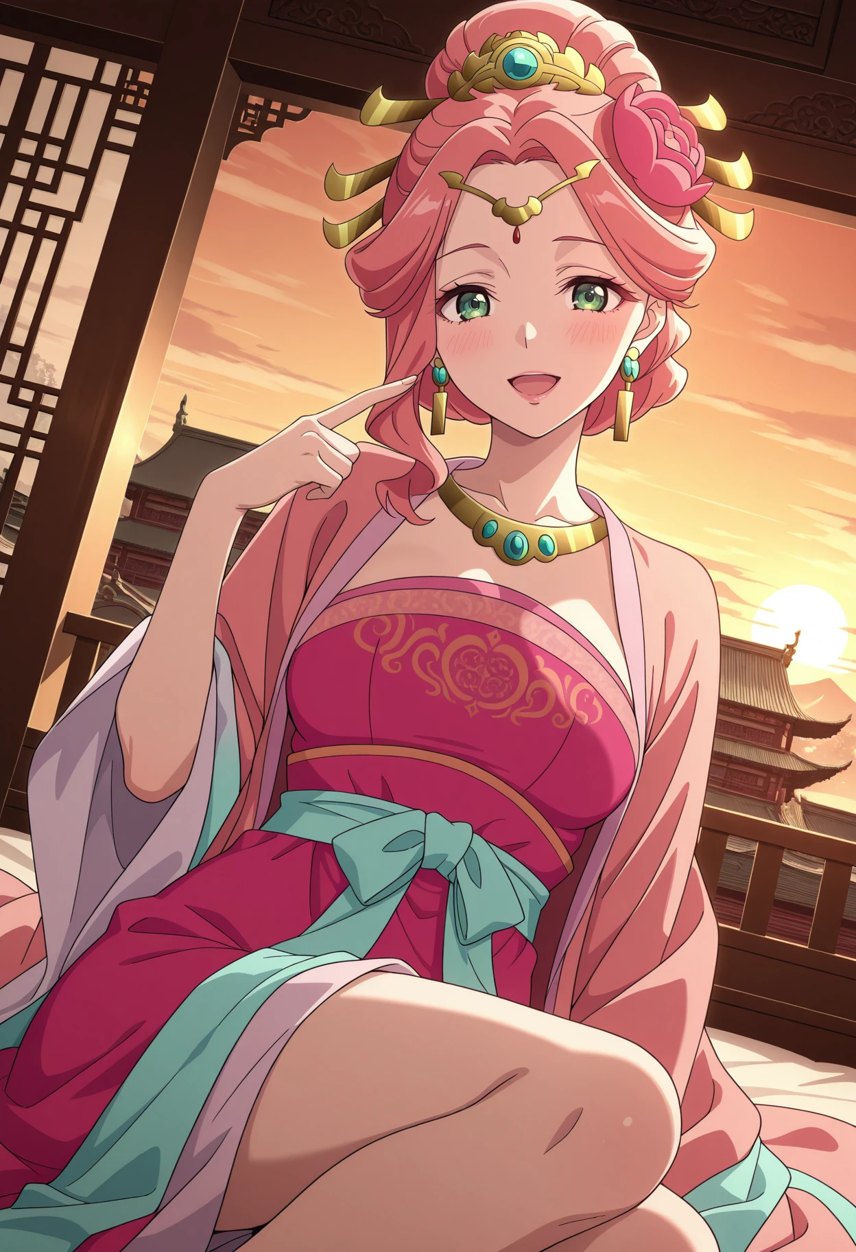 masterpiece, best quality, amazing quality, very aesthetic, intricate details, highly detailed background,<BREAK> 1girl, solo,
<lora:Gyokuyou_The_Apothecary_Diaries_IL_V1:1>, KJOgyokuyou, pink hair, green eyes, half updo, hair flower, hair ornament, single sidelock, pink lips, hair bun,
earrings, necklace, pink hanfu, light blue sash,
sitting, legs to the side, smile, open mouth, looking at viewer, blush, dutch angle, pointing at self,
palace, east asian architecture, indoors, sunset, high contrast,
(Beautiful, medium Breasts:1.2), mature female,