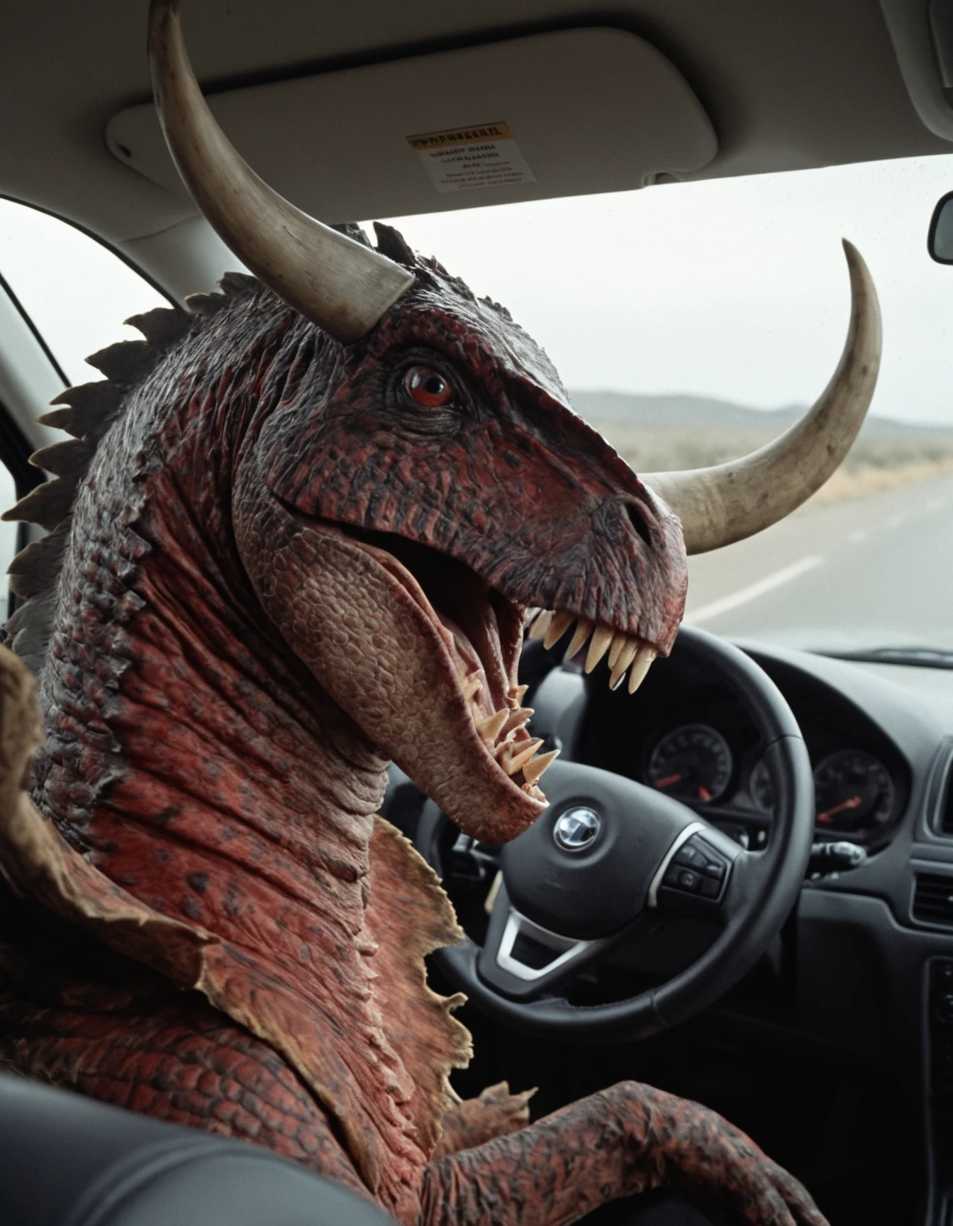 cinematic medium shot of an angry dinosaur driving a car, taken through the side window. It has red skin, two horns and a large skin frill on its neck, photorealistic, sharp focus, very detailed skin texture <lora:Dinosaur_Practical_Effects-000004:1>