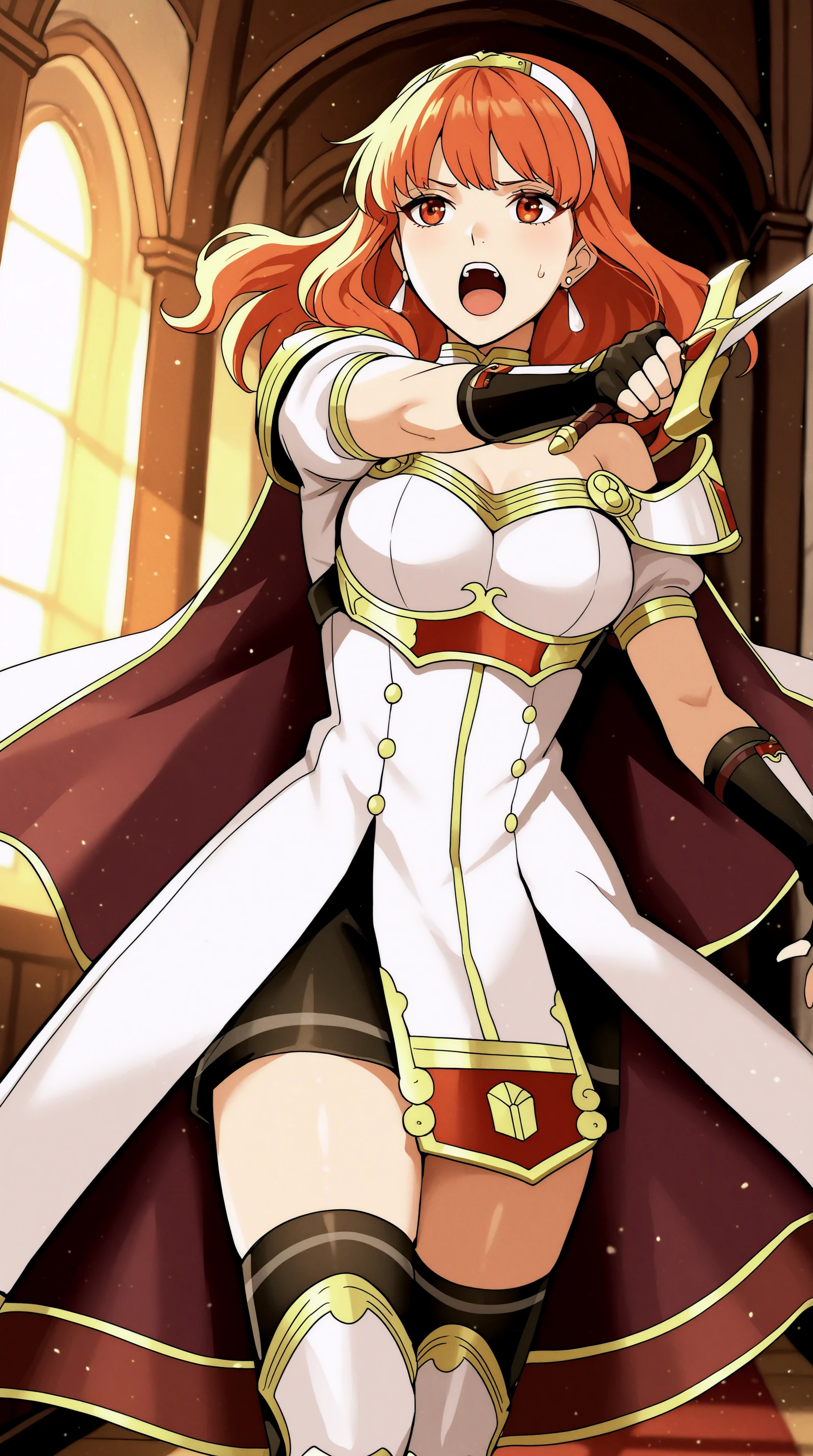 kuroda kazuya, score_7_up, source_anime, very aesthetic, absurdres, rating explicit, 1girl, solo, looking at viewer, blush, cowboy shot, large breasts, cleavage, midriff, pelvic curtain, smile, staff, red hair, brown eyes, yellow ribbon