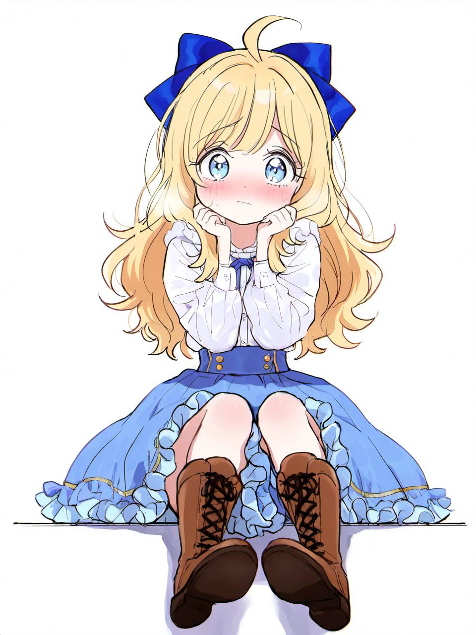 masterpiece, best quality, amazing quality, very aesthetic, high resolution, <lora:yukiwo_style_v2_illustrious_epoch_7:0.9>, yukiwostyle,
1girl, blonde hair, solo, blue eyes, long hair, boots, skirt, sitting, ahoge, bow, hair bow, blush, looking at viewer, shirt, long sleeves, blue skirt, white shirt, blue bow, brown footwear, frills, white background, frilled skirt, cross-laced footwear,