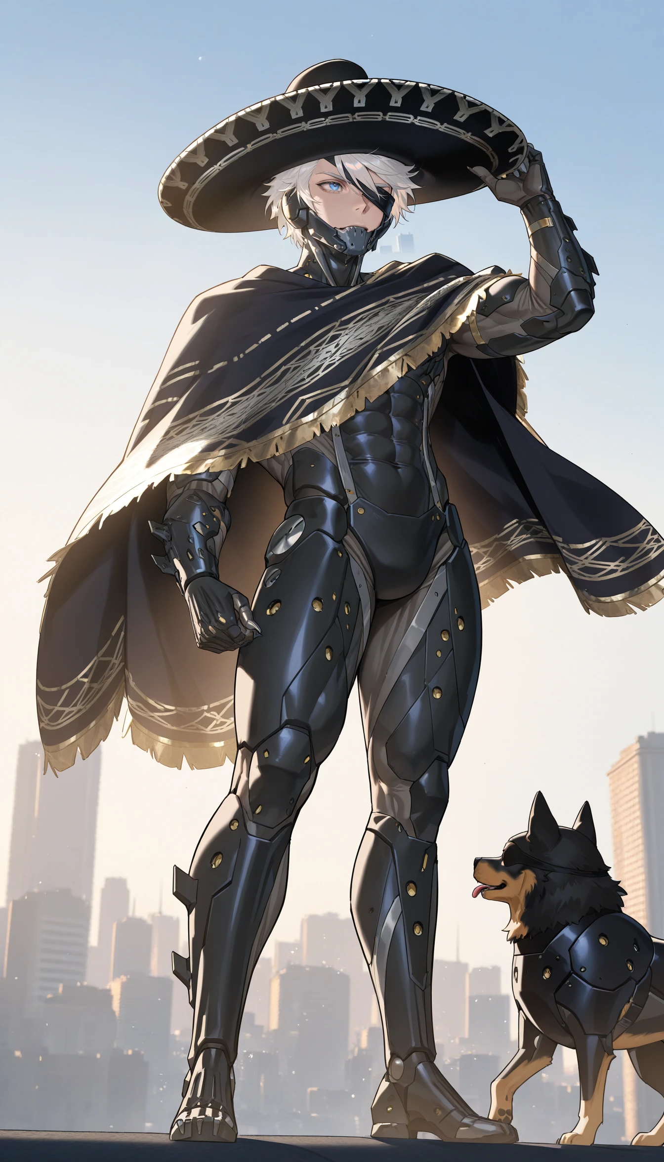 masterpiece, best quality, newest, absurdres, highres, 1boy, male focus, RaidenMGRSombrero, cyborg, bodysuit, eyepatch, mechanical chin, white hair, short hair, hat, cape, <lora:RaidenMGRR_illusXLNoobAI_Incrs_v1-000013:1>, muscular male, solo, outdoors, cityscape, arizona, standing, dog, mechanical dog, blue eyes,