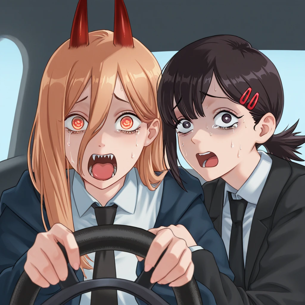 (masterpiece, high quality, amazing detail), highres, power_crashes_kobeni's_car_(meme), power (chainsaw man), higashiyama kobeni, open mouth, multiple girls, crying with eyes open, car, scared, red horns, nervous, black suit, car interior, holding, steering wheel, look at viewer, from front   <lora:power_crashes_car_meme-10:1>