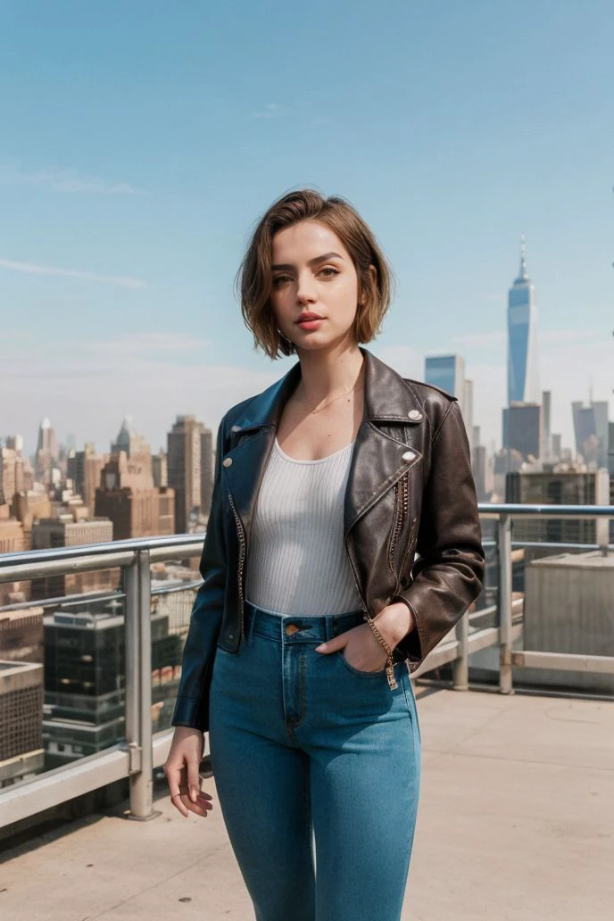 fashion photography, fashion, film grain, artist name, artist credit, anadearmas, [rooftop, new york city scape, blurry background, blurry background, sunny, sky], (short hair, brown hair), (leather jacket, denim pants), (looking at viewer, standing) <lora:anadearmas-06:1>