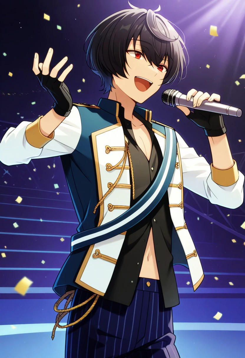 masterpiece, best quality, 
ritsusakuma, 1boy, male focus, solo red eyes, black hair, short hair, bangs, hair between eyes, knights uniform, collarbone, shirt, black shirt, collared shirt, navel, jacket, white jacket, long sleeves, open jacket, open clothes, aiguillette, sash, gloves, fingerless gloves, black gloves, pants, blue pants, striped pants, smile, singing, open mouth, holding microphone, happy
indoor, stage, confetti