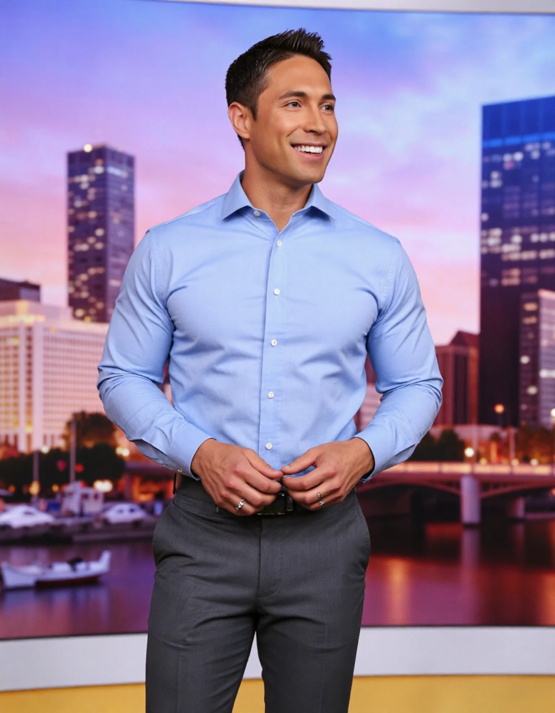 whitjohnson a man standing on a news set. he is handsome. he is muscular. he is wearing a light blue dress shirt. he is wearing grey slacks he is looking at you. he is smiling. he is talking. he is presenting a story. he is on the Good Morning America set. it is daytime.