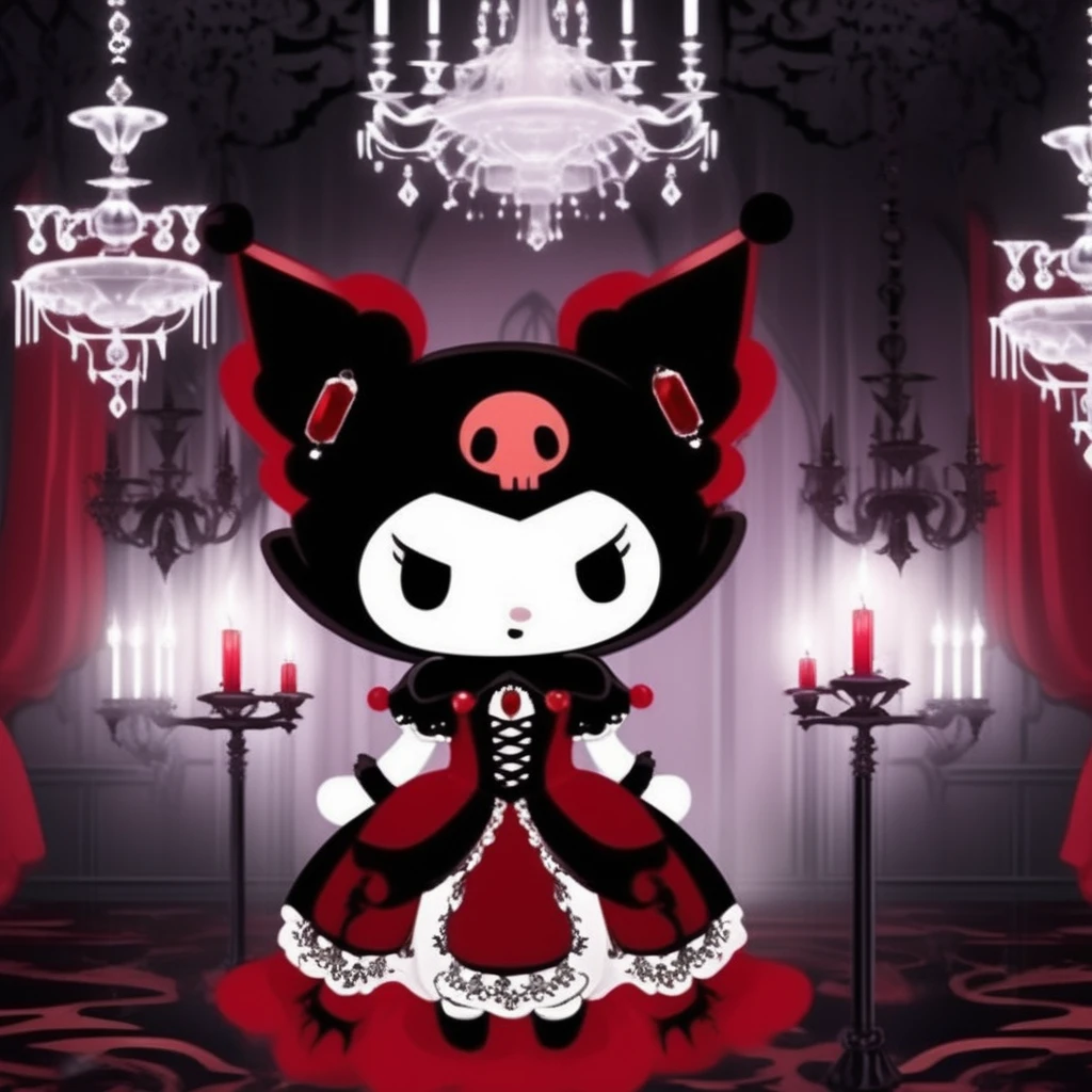 concept art Kuromi, vampiric goth, red velvet dress, black lace gloves, choker with a ruby pendant, dancing in a luxurious gothic club, chandelier with dripping candles, crimson lighting, ornate mirrors, dynamic movement blur, with vampire fangs   <lora:kuromi:1> kuromix  . digital artwork, illustrative, painterly, matte painting, highly detailed