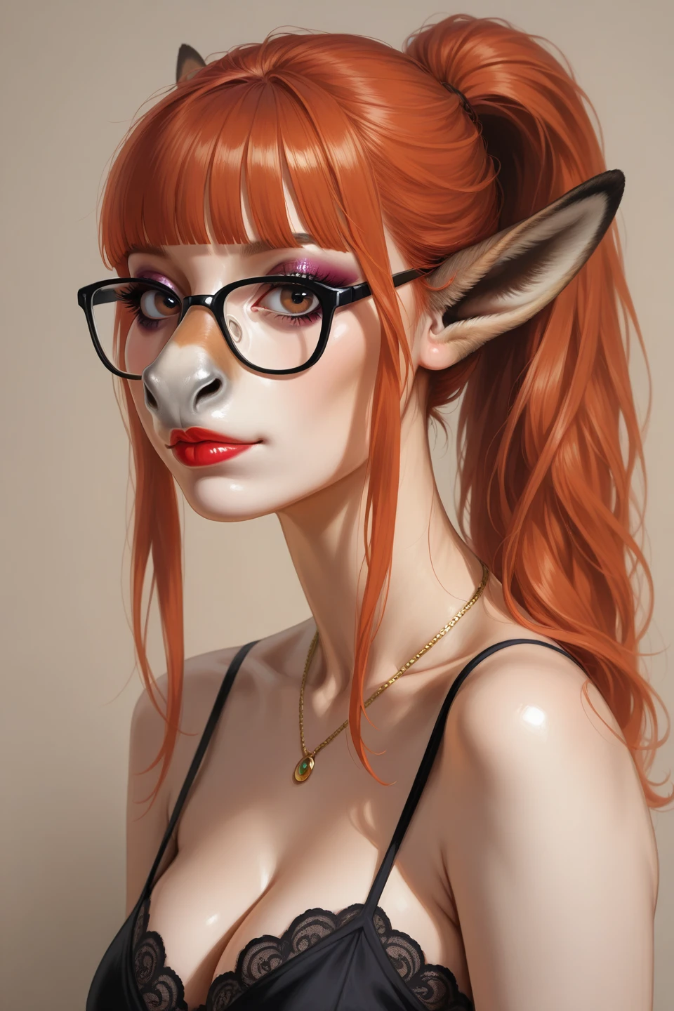 Pink Curly hair pale skin fat glasses nude woman leashed by a collar from neck sitting like a dog