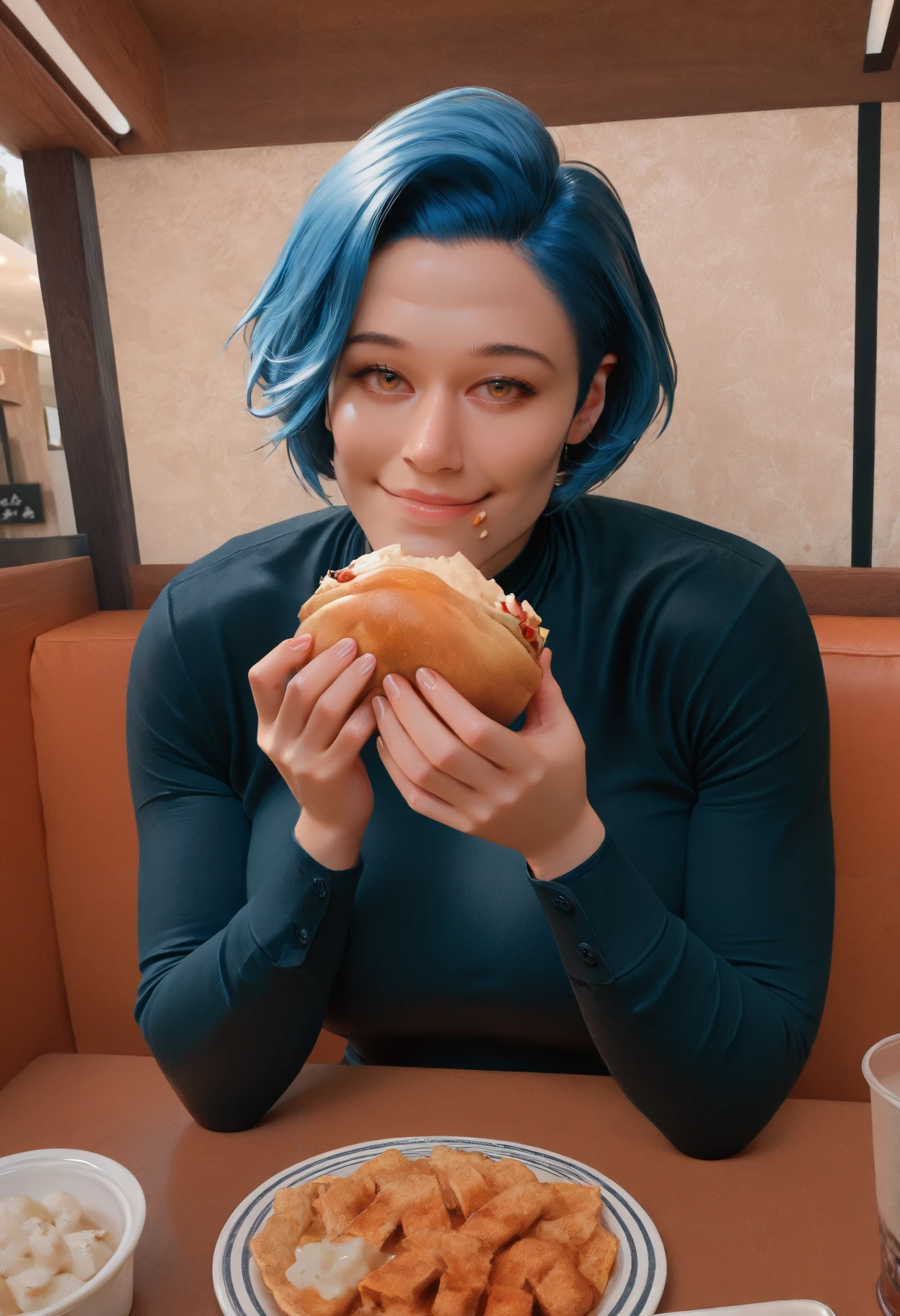 masterpiece, best quality, newest, absurdres, highres, realistic, photorealistic, smile, 1girl, solo, kaotybirhdn, blue hair, short hair, brown eyes, black dress, long sleeves, sitting, pov across table, restaurant, food, indoors, eating, food on face, holding food
<lora:Katy OâBrian:1>