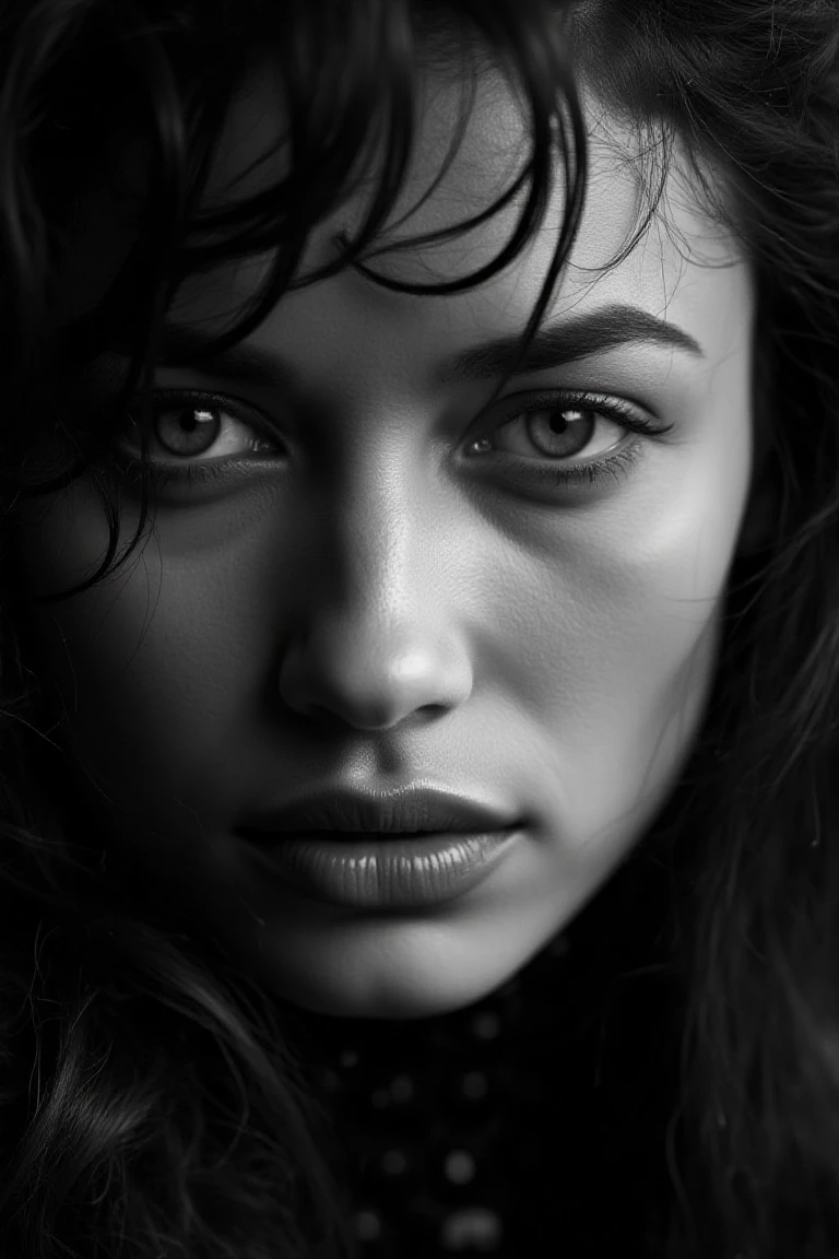 black and white portrait inspired by Peter Lindbergh's photographic style of olgaflx, a woman looking directly into the camera with an intimate and deep expression.