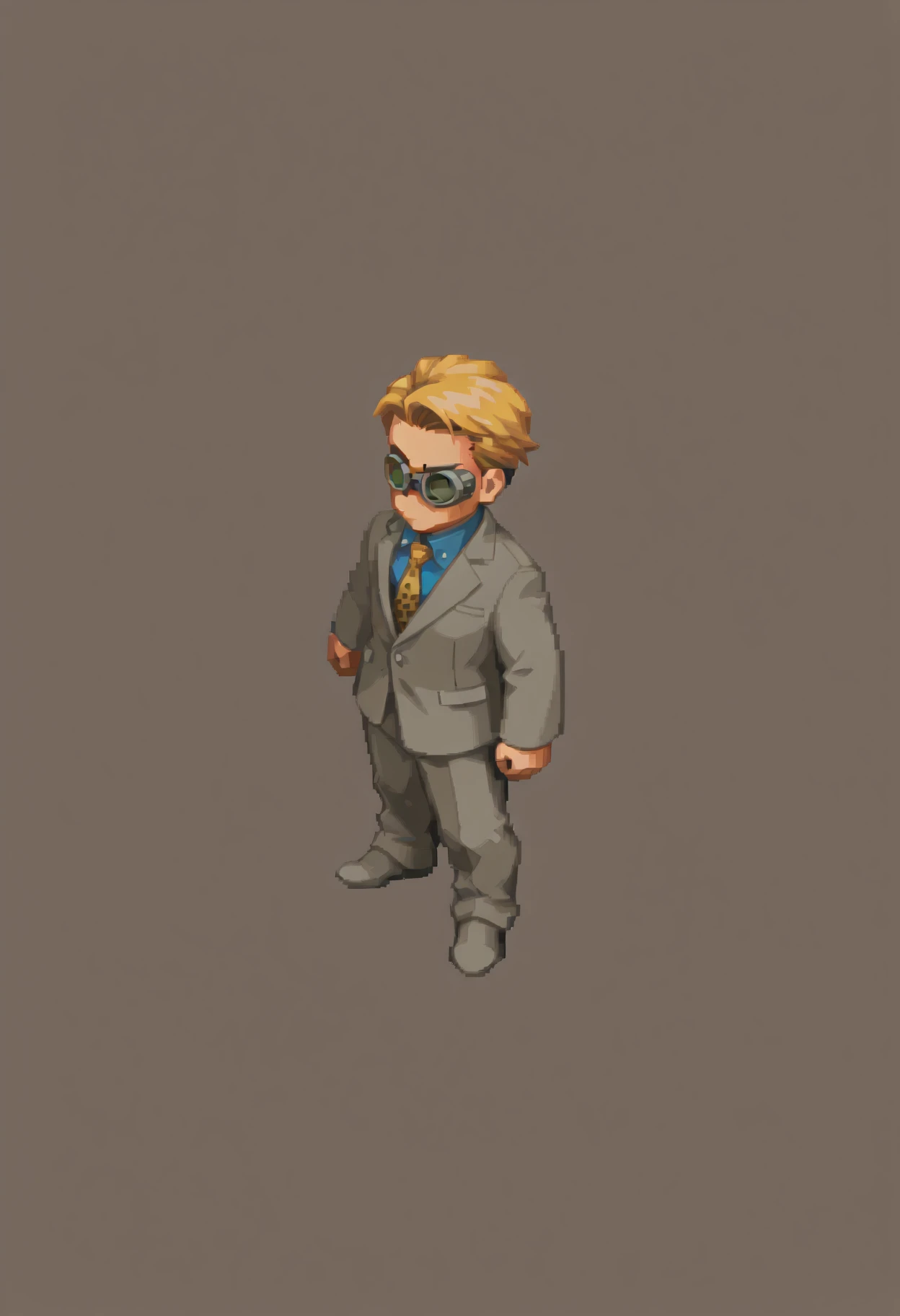 masterpiece, best quality, 1boy, solo, NanamiBase, blonde hair, short hair, goggles, grey jacket, yellow necktie, leopard print, blue shirt, collared shirt, grey pants, looking at viewer, from side, full body, standing, solid oval eyes, no mouth, no nose, pixel art, <lora:ChamKentoNanamiIllustriousXL:1>, <lora:FFT-Sprites-illus_Fp:0.8>